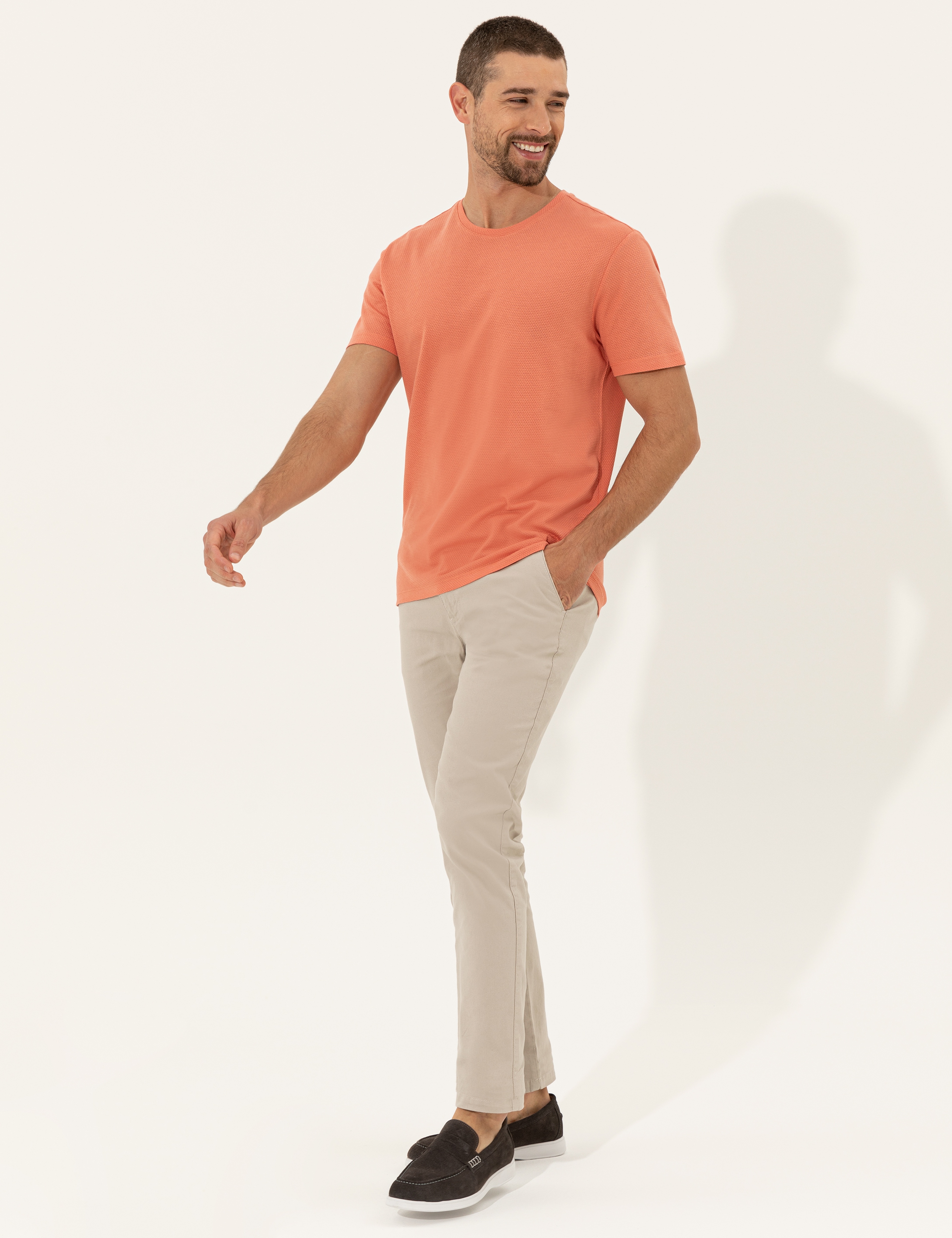Turuncu Slim Fit Bisiklet Yaka Tişört