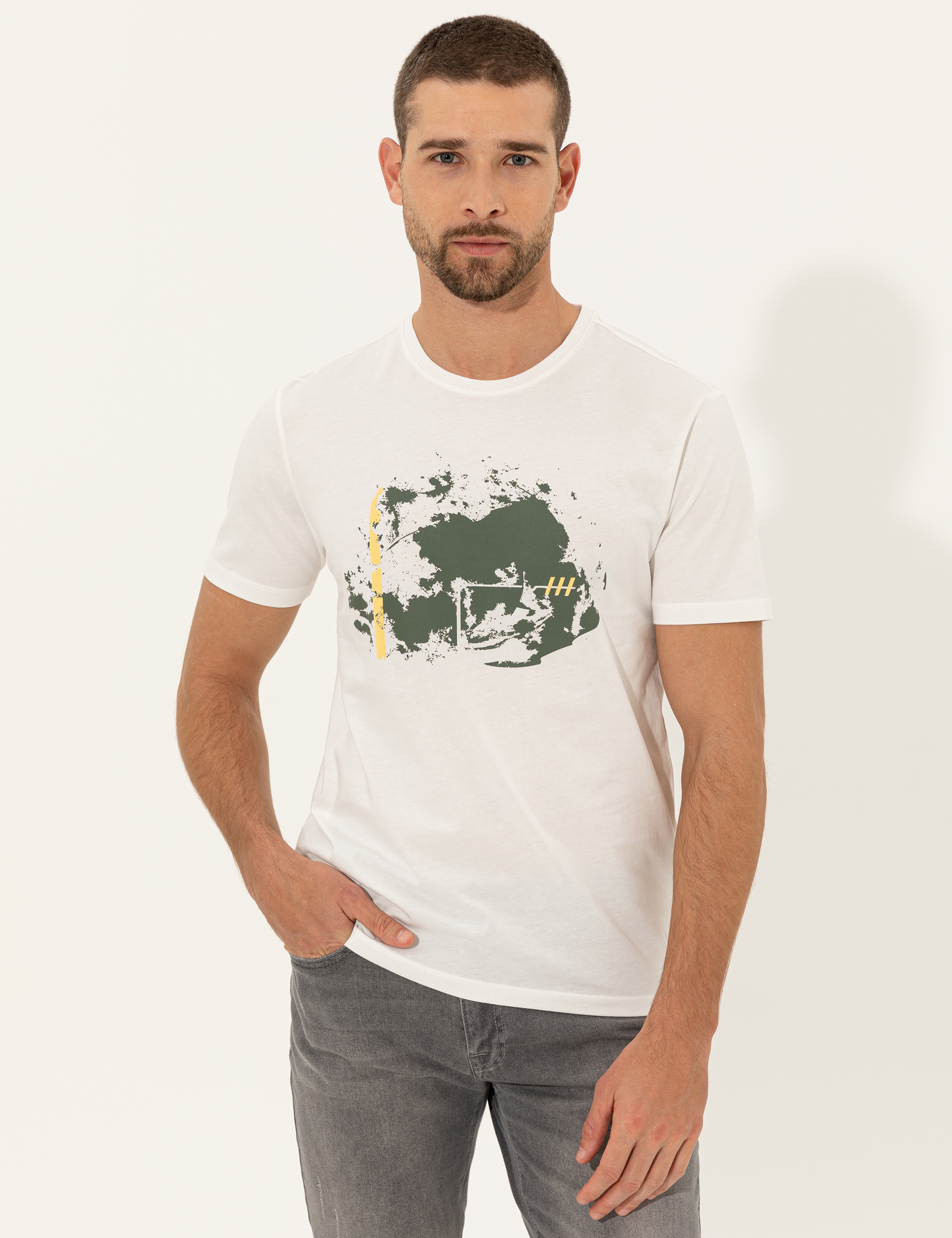 Ecru Slim Fit Bisiklet Yaka Tişört