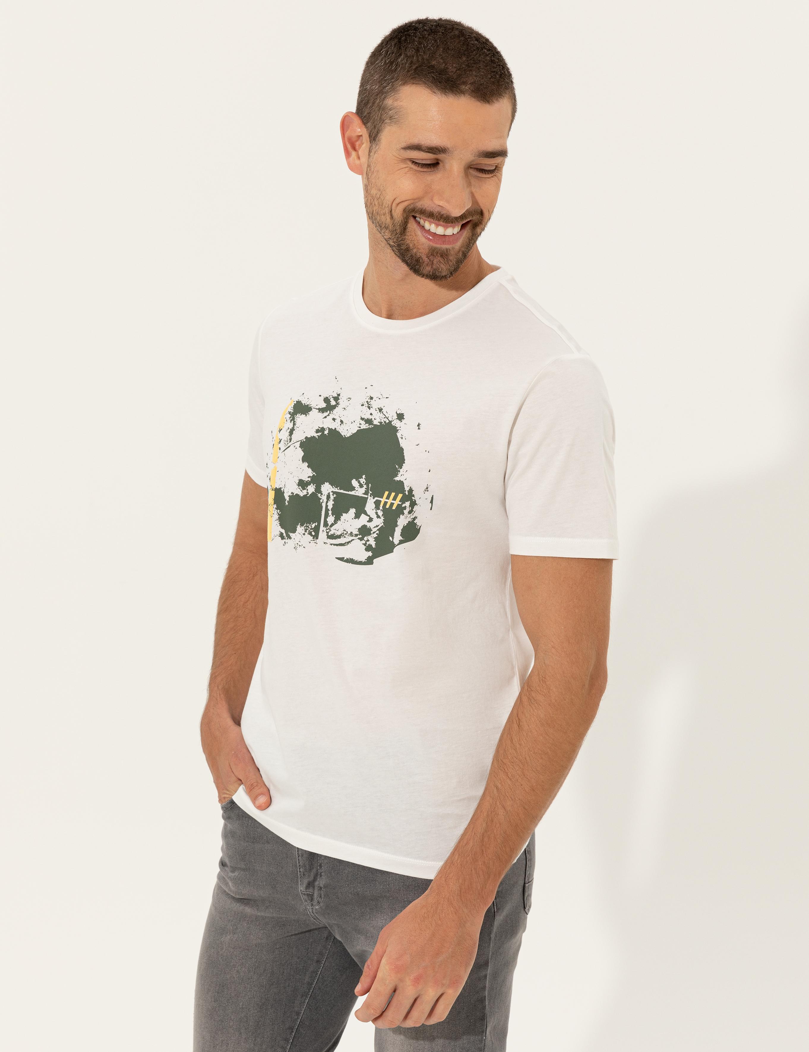 Ecru Slim Fit Bisiklet Yaka Tişört