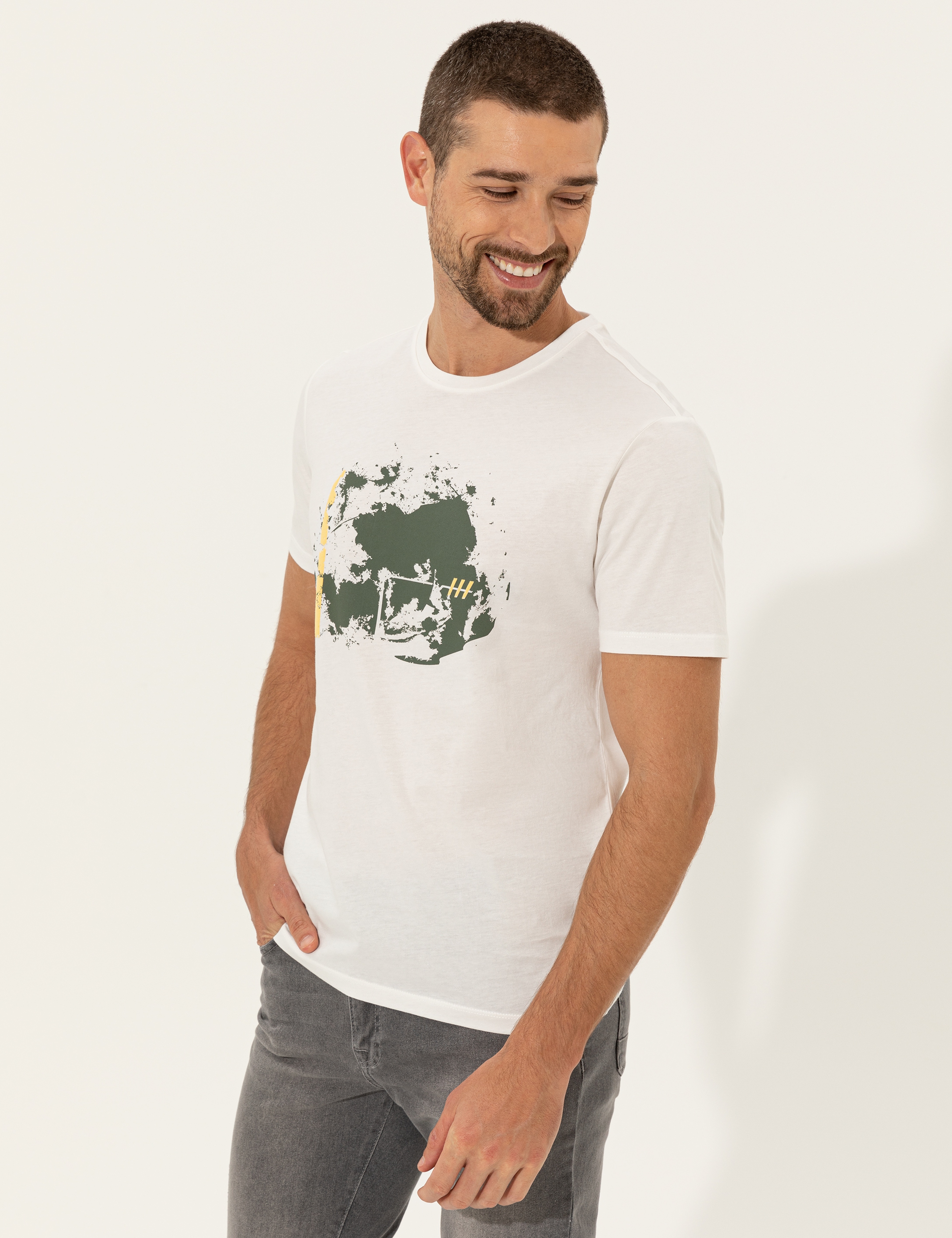 Ecru Slim Fit Bisiklet Yaka Tişört
