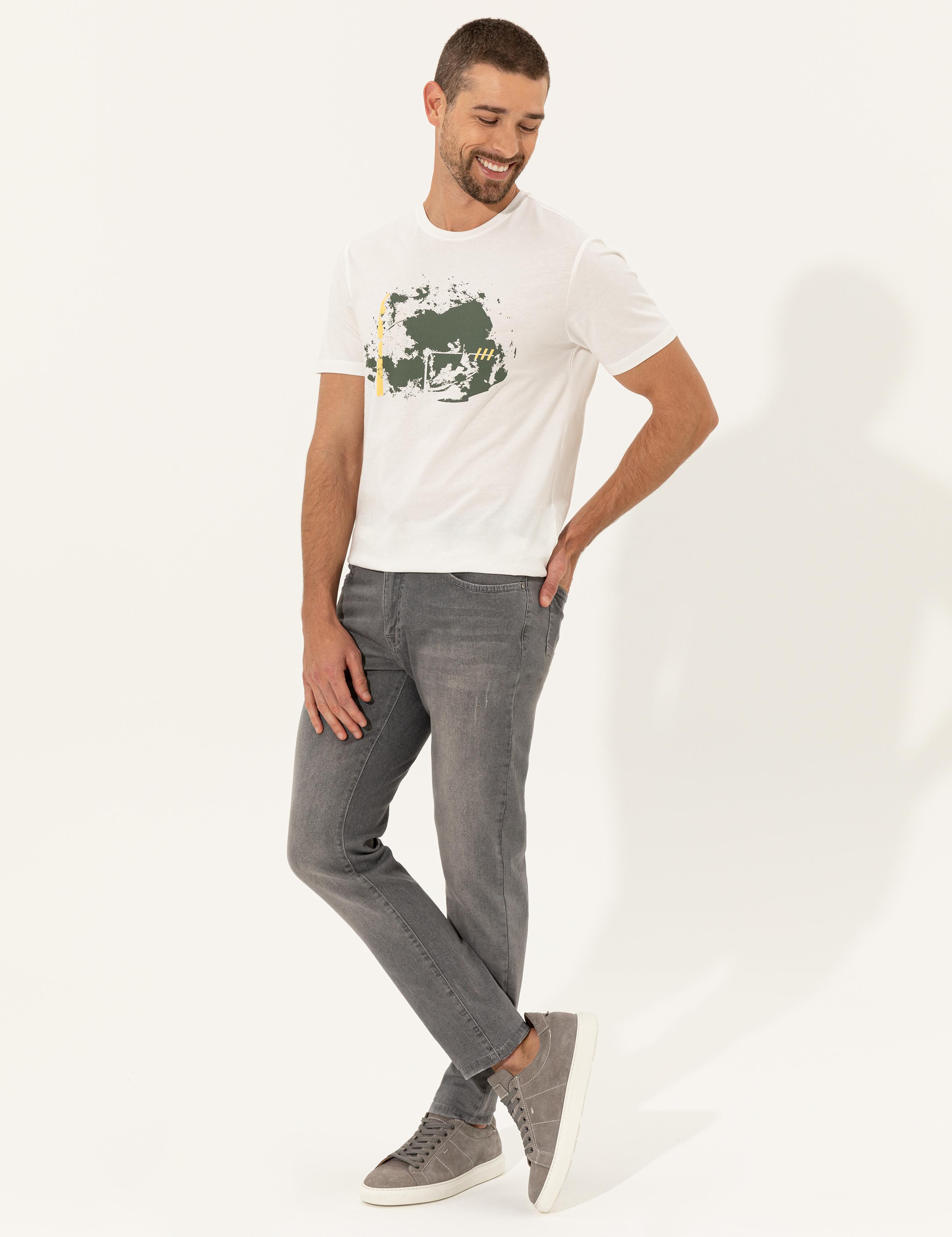 Ecru Slim Fit Bisiklet Yaka Tişört