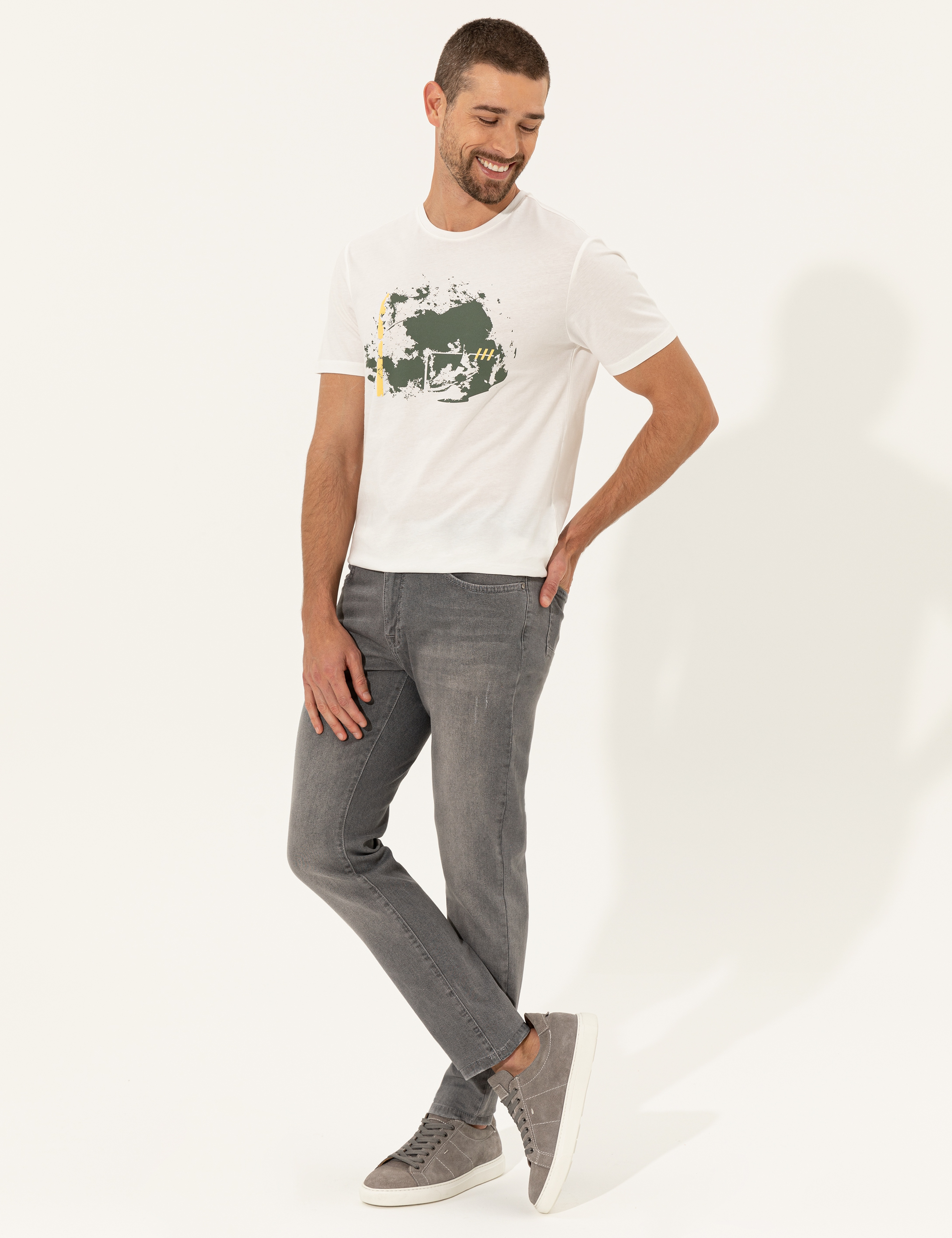 Ecru Slim Fit Bisiklet Yaka Tişört