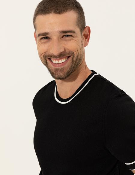 Siyah Slim Fit Bisiklet Yaka Triko Tişört - 50249698013