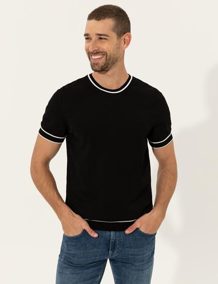 Siyah Slim Fit Bisiklet Yaka Triko Tişört - 50249698013