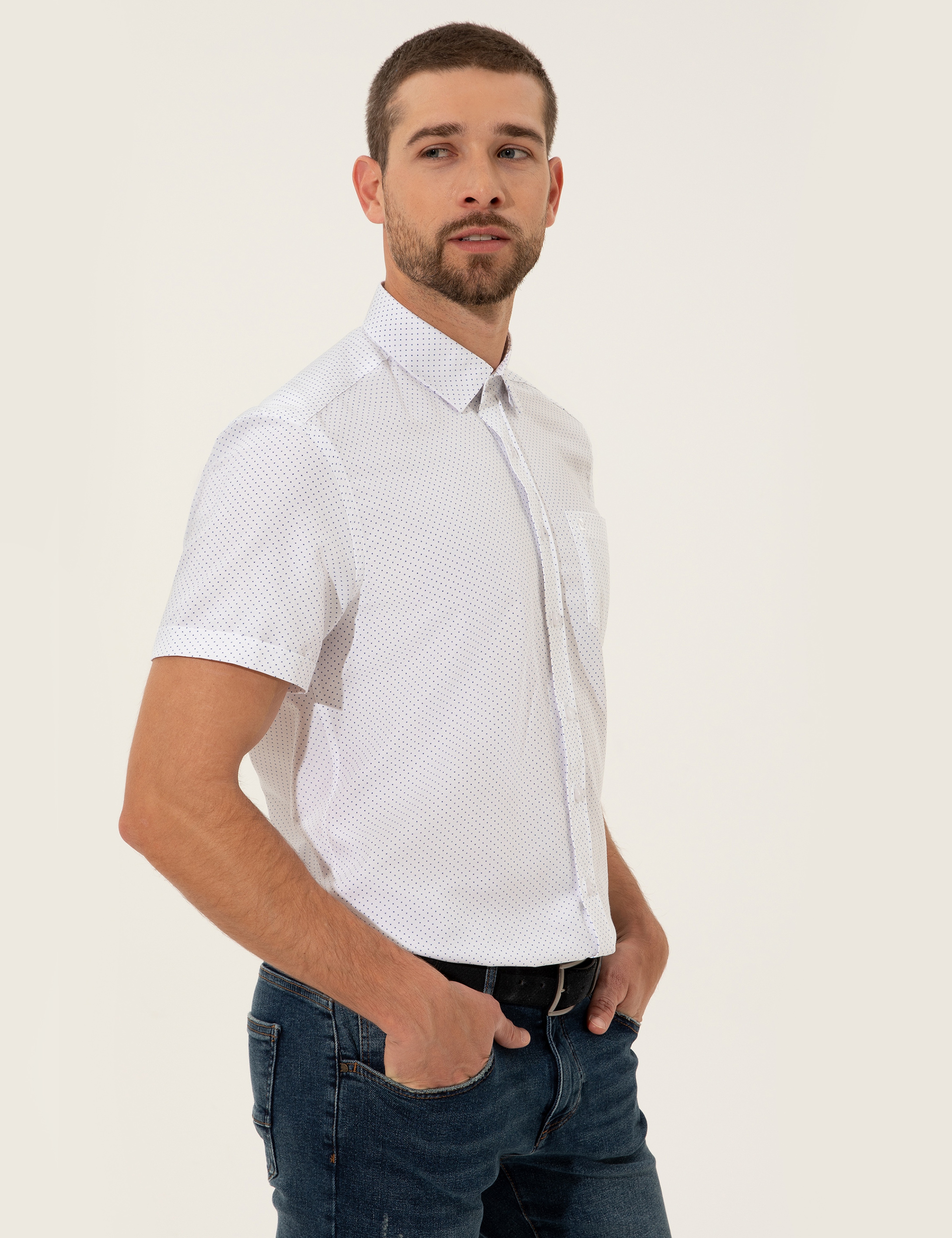 Beyaz Regular Fit Kısa Kollu Gömlek - Image 3