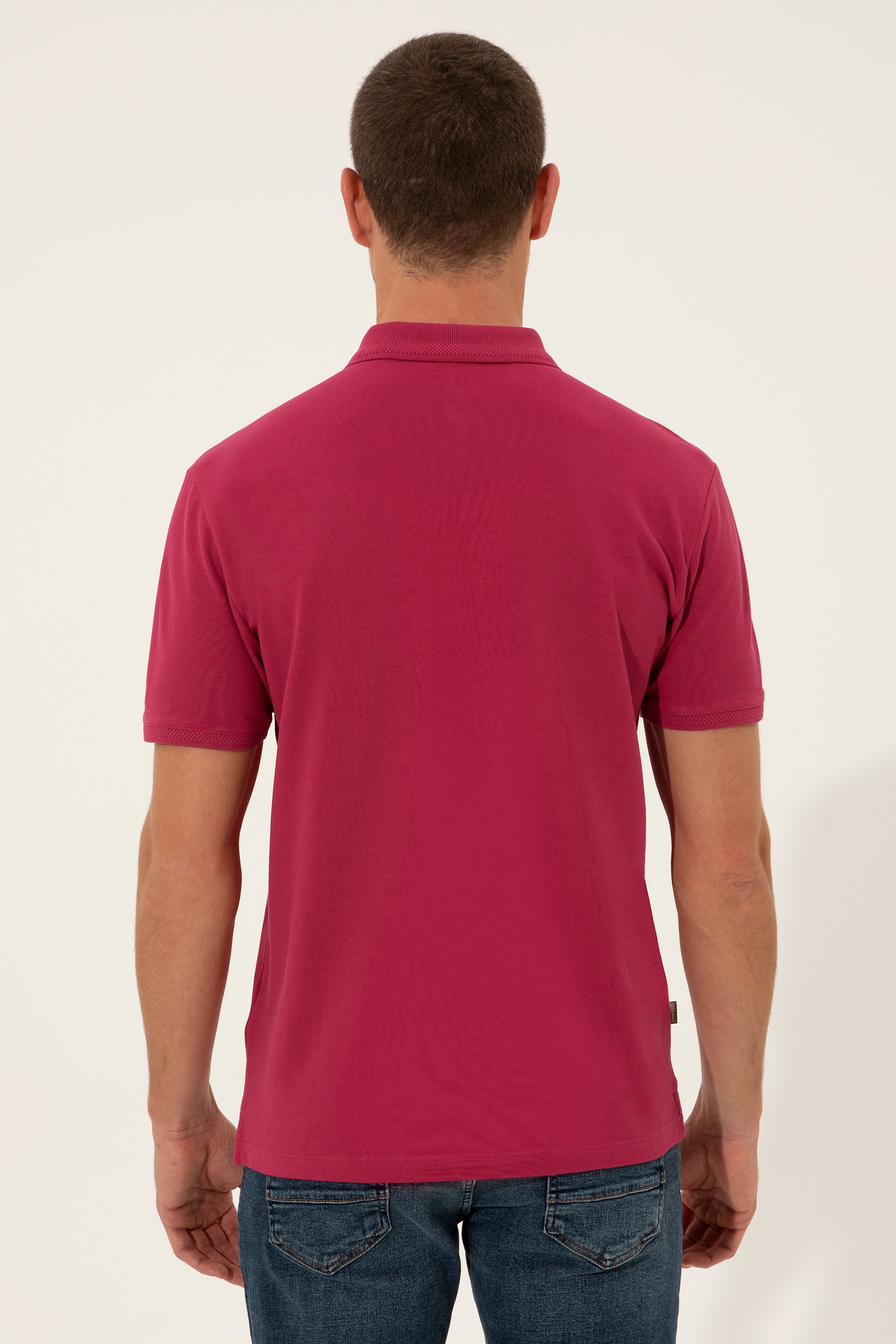 Fuşya Slim Fit %100 Pamuk Düğmeli Polo Yaka Basic Tişört - Image 5