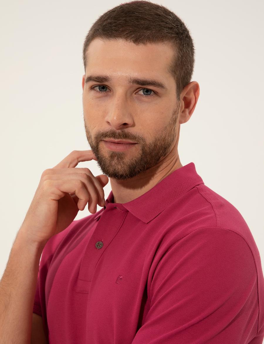 Fuşya Slim Fit Polo Yaka Basic Tişört