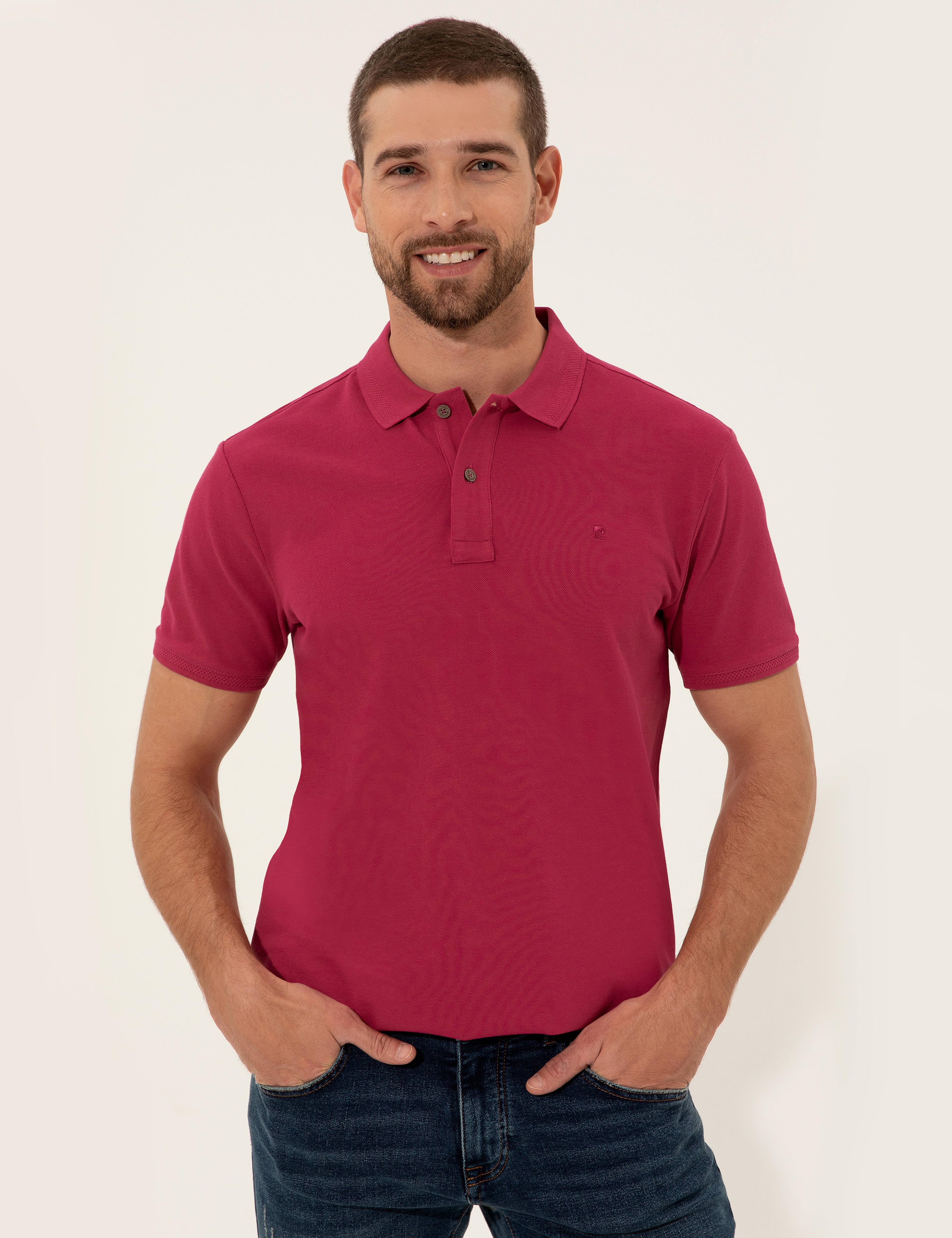 Fuşya Slim Fit %100 Pamuk Düğmeli Polo Yaka Basic Tişört