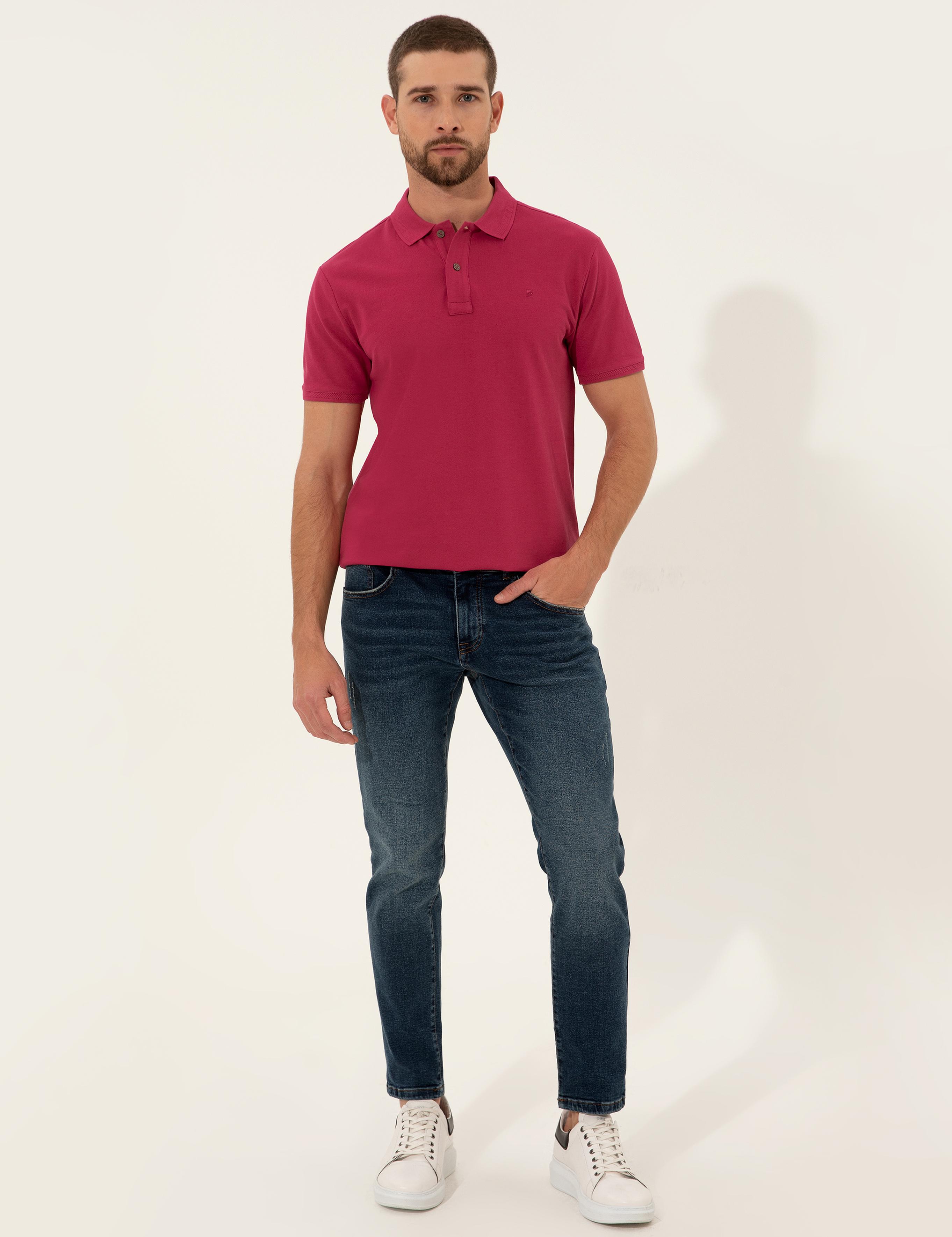 Fuşya Slim Fit Polo Yaka Basic Tişört