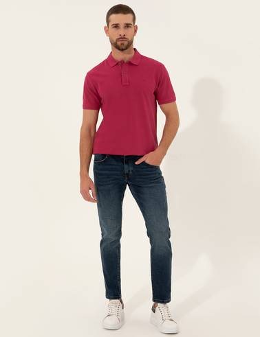 Fuşya Slim Fit Polo Yaka Basic Tişört