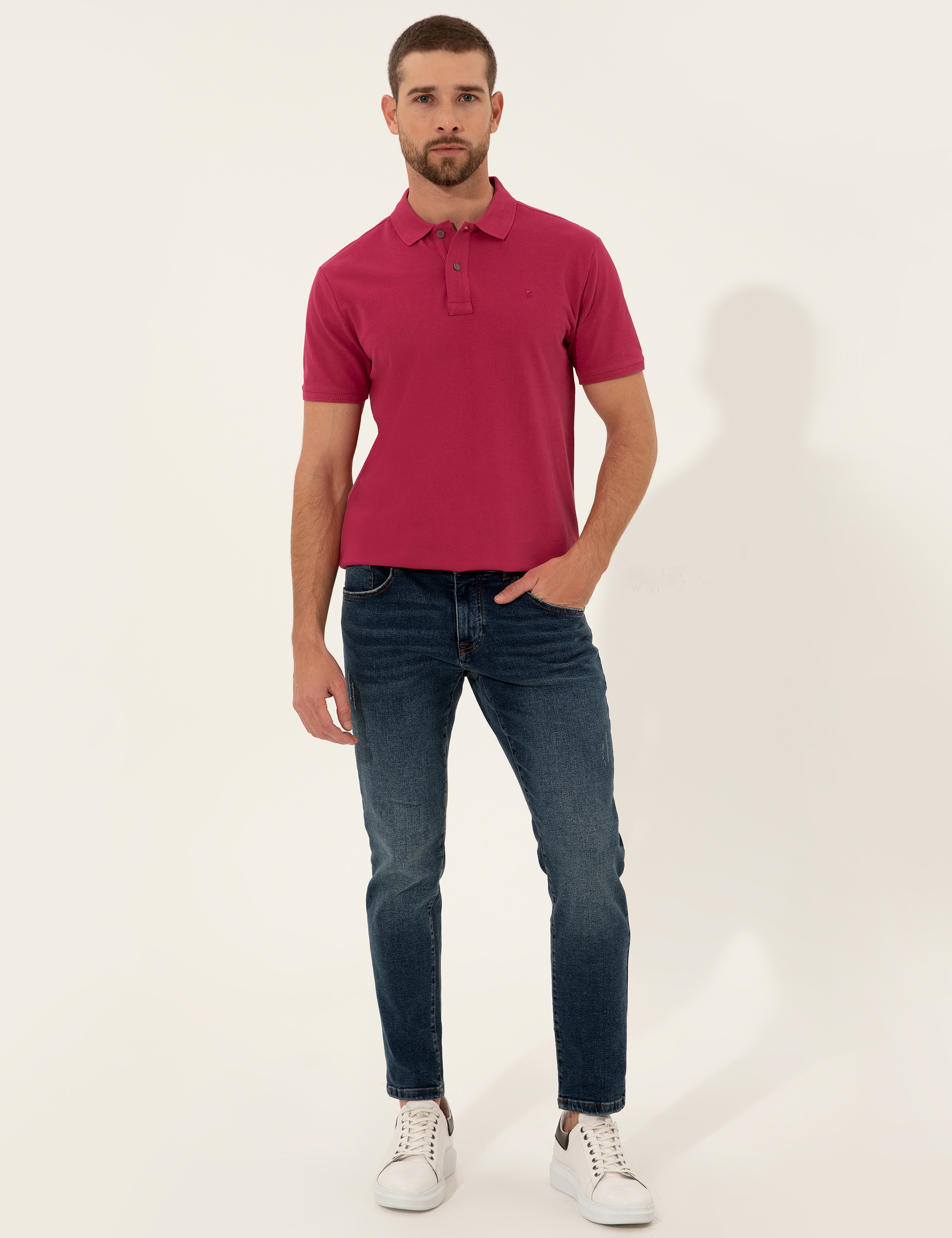 Fuşya Slim Fit %100 Pamuk Düğmeli Polo Yaka Basic Tişört - Image 4