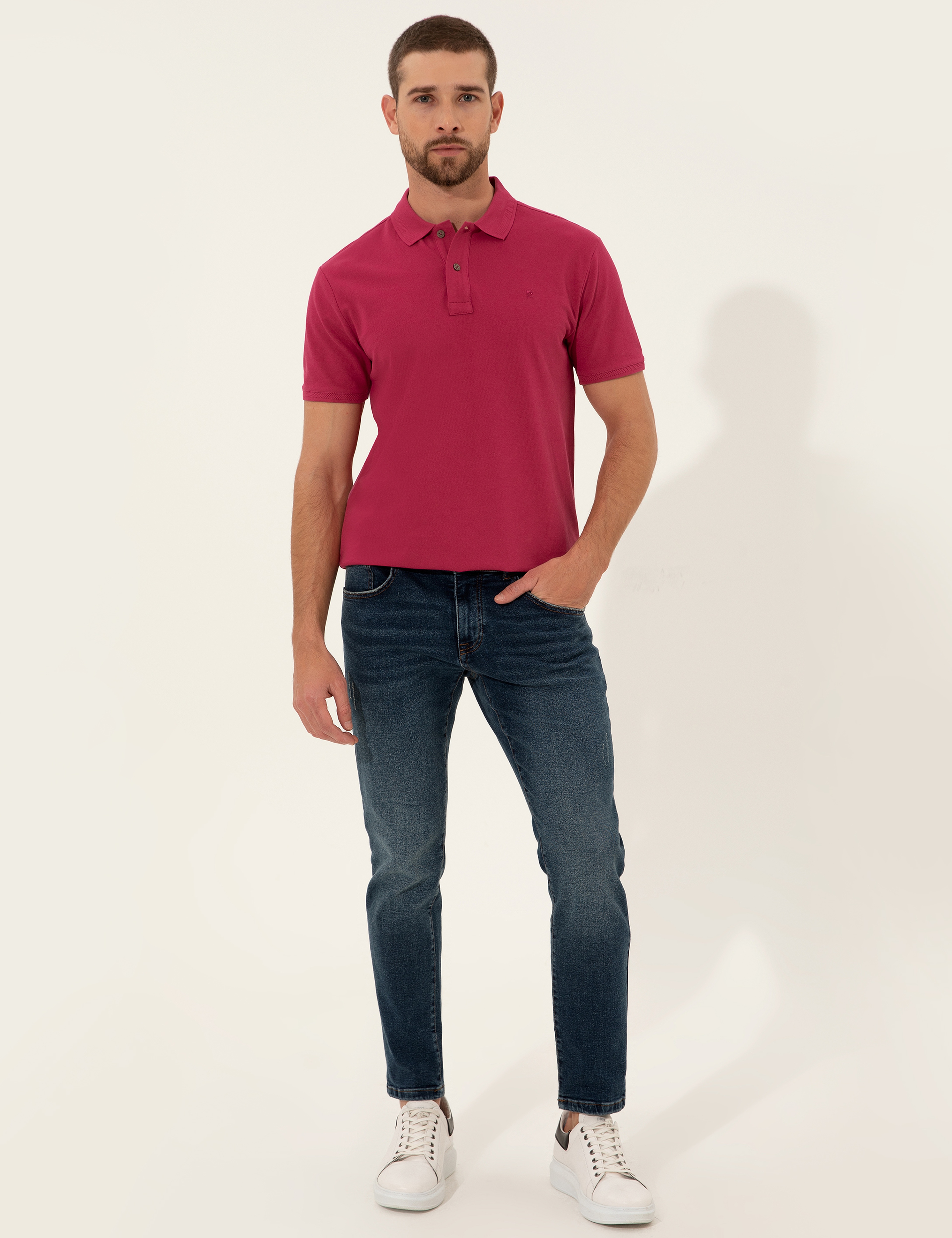 Fuşya Slim Fit %100 Pamuk Düğmeli Polo Yaka Basic Tişört