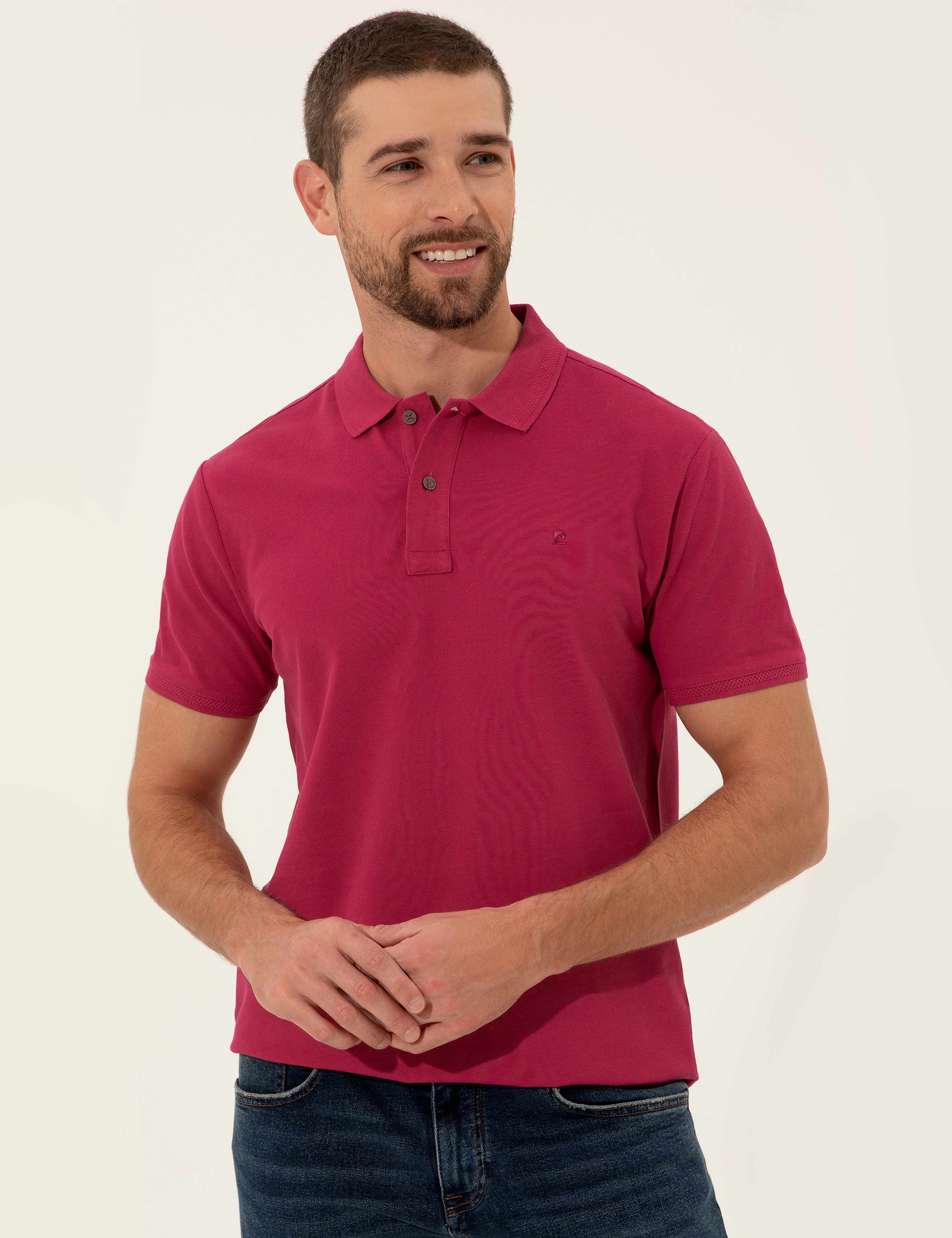 Fuşya Slim Fit %100 Pamuk Düğmeli Polo Yaka Basic Tişört - Image 3