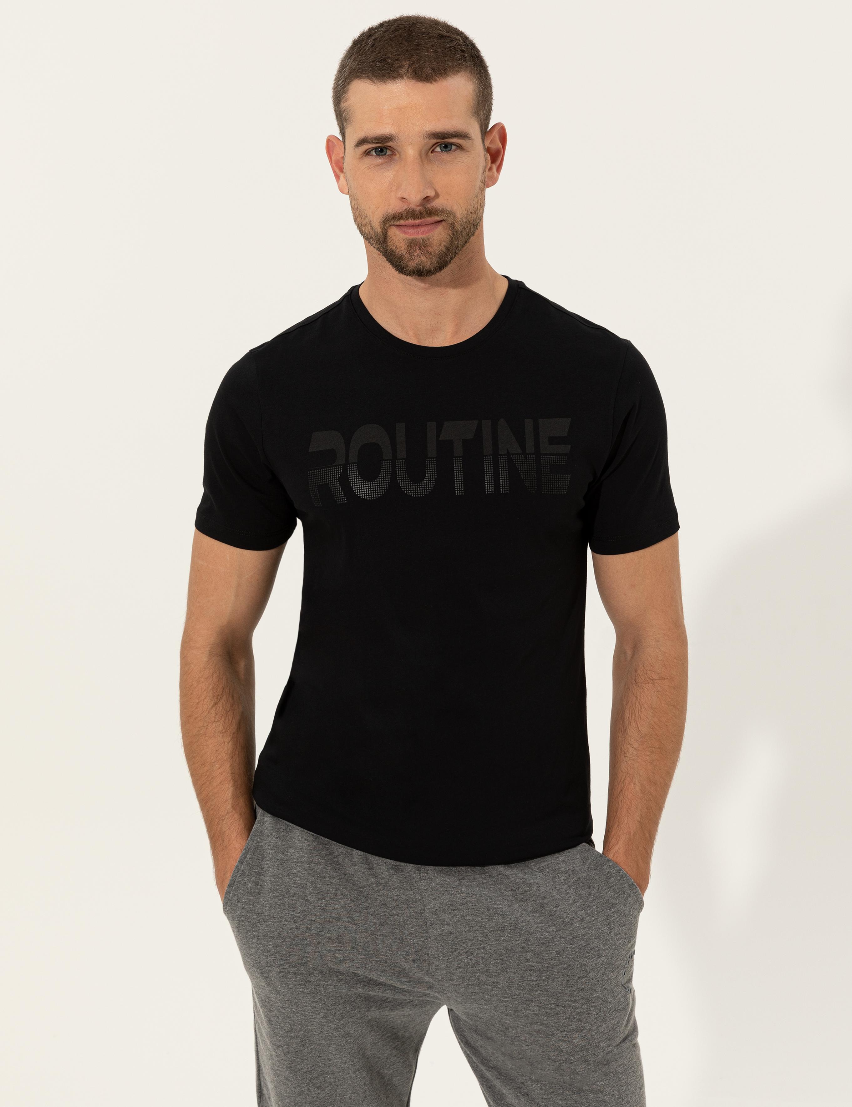 Siyah Slim Fit Baskılı Bisiklet Yaka Tişört