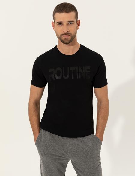 Siyah Slim Fit Baskılı Bisiklet Yaka Tişört - 50249871007