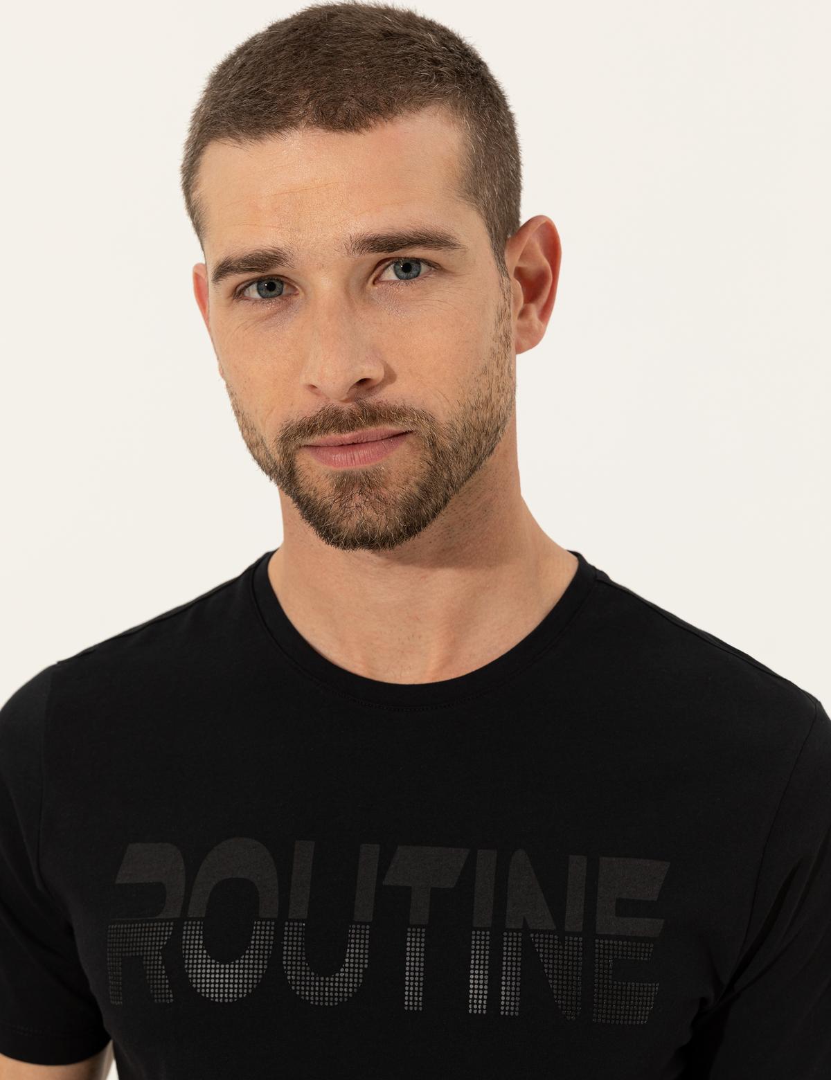 Siyah Slim Fit Baskılı Bisiklet Yaka Tişört - 50249871007