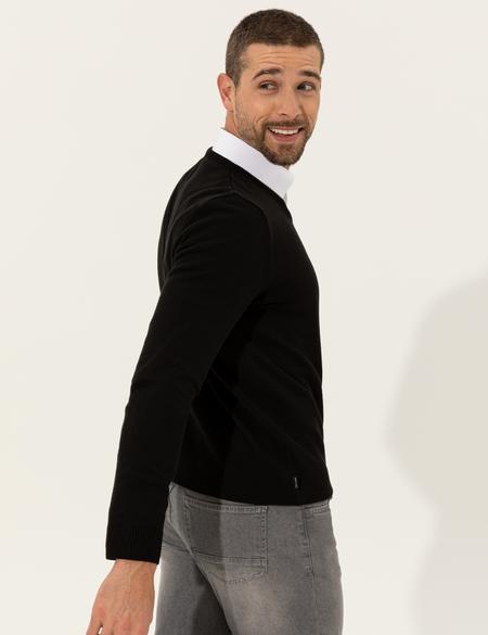 Siyah Slim Fit V Yaka Basic Triko Kazak - 50257206012