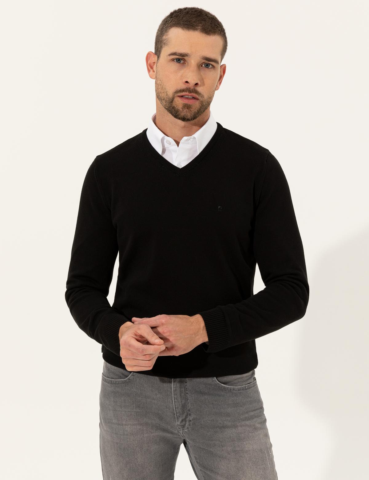 Siyah Slim Fit V Yaka Basic Triko Kazak