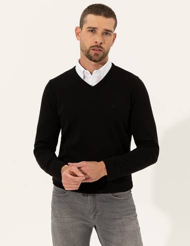 Siyah Slim Fit V Yaka Basic Triko Kazak