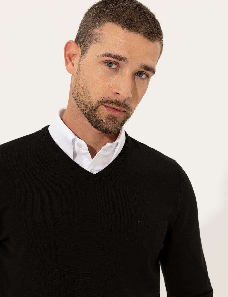 Siyah Slim Fit V Yaka Basic Triko Kazak