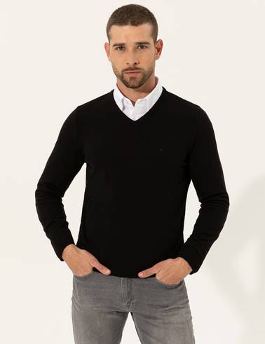 Siyah Slim Fit V Yaka Basic Triko Kazak
