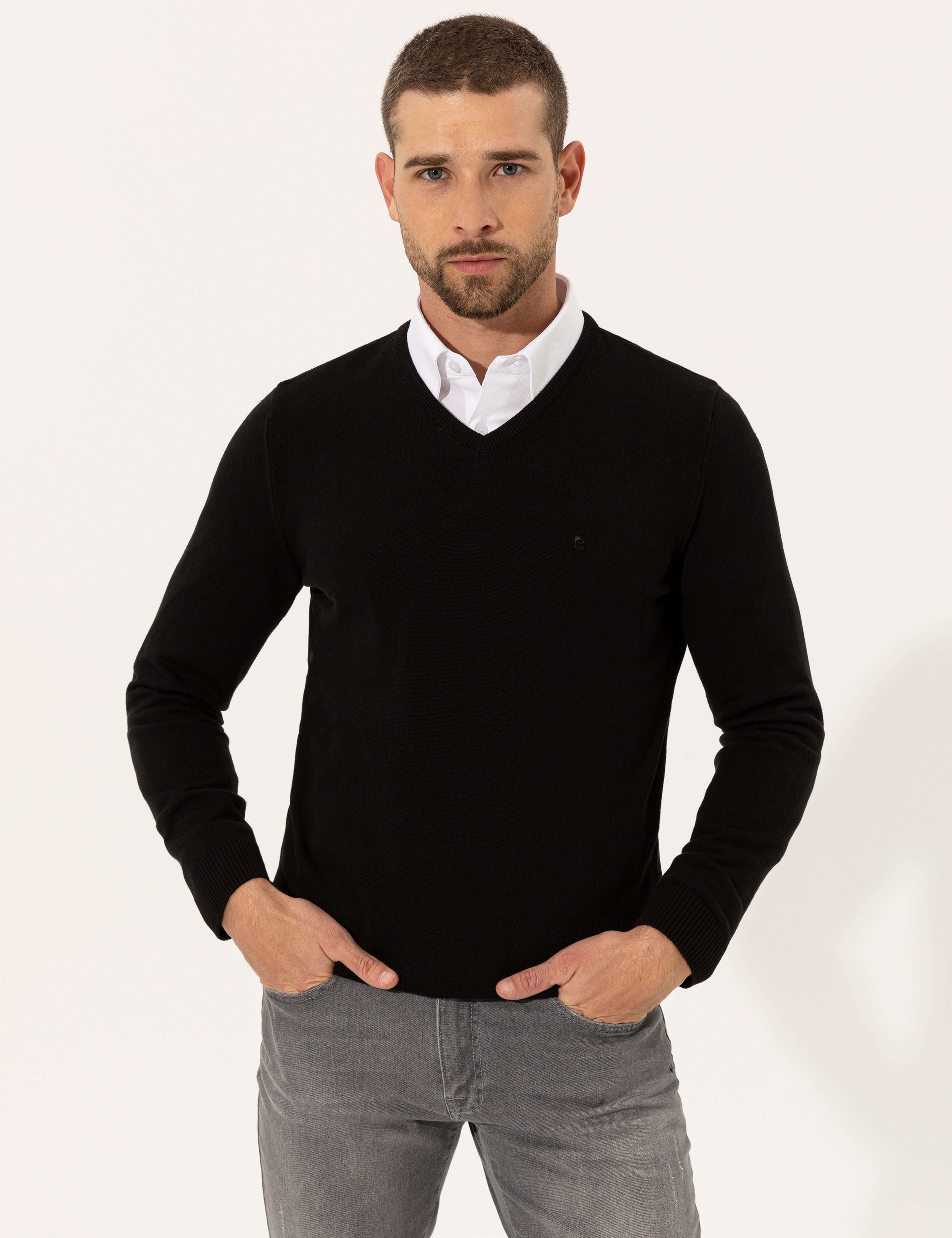 Siyah Slim Fit V Yaka Basic Triko Kazak - Image 3
