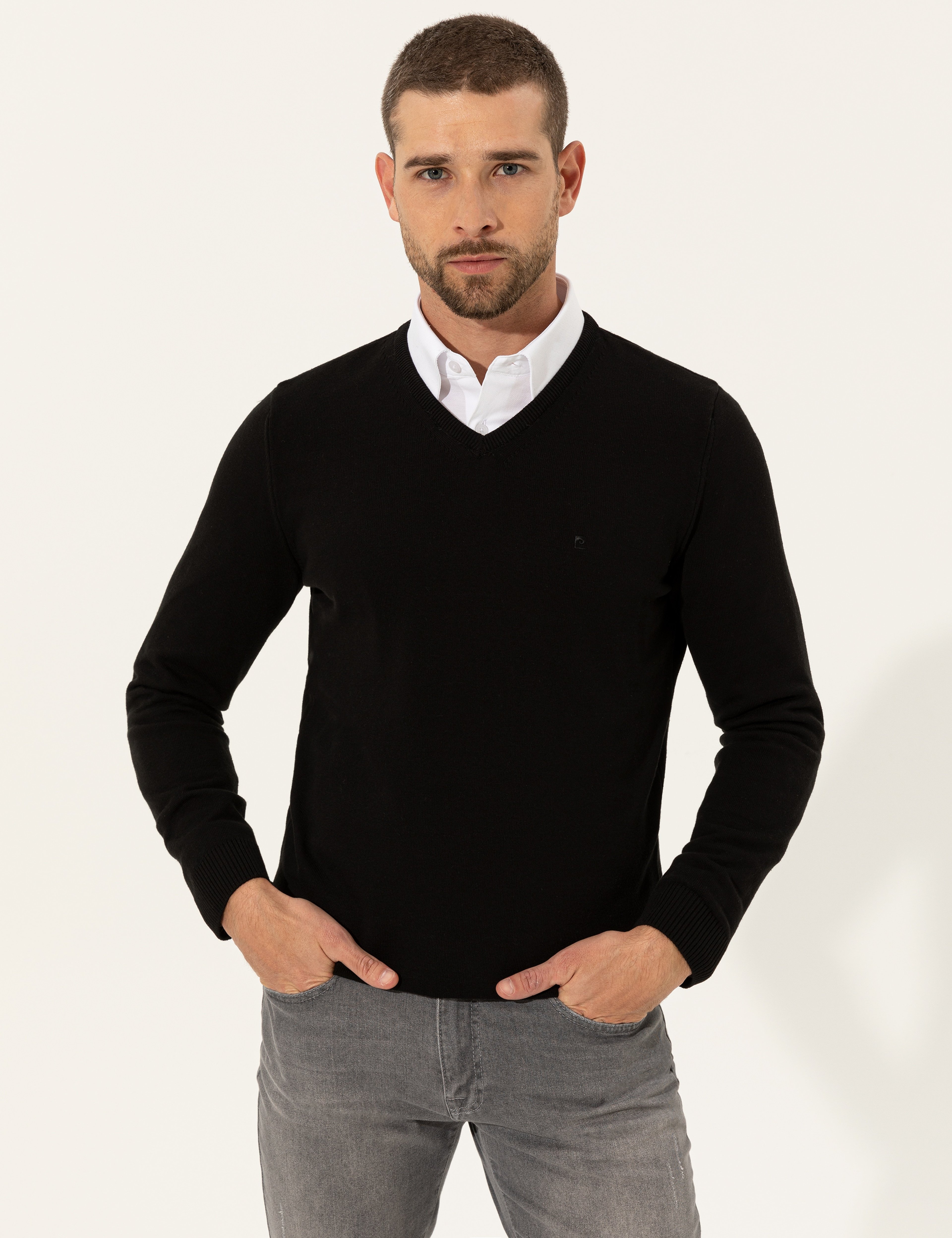 Siyah Slim Fit V Yaka Basic Triko Kazak