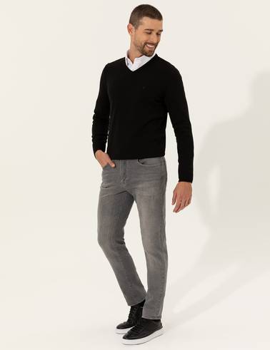 Siyah Slim Fit V Yaka Basic Triko Kazak