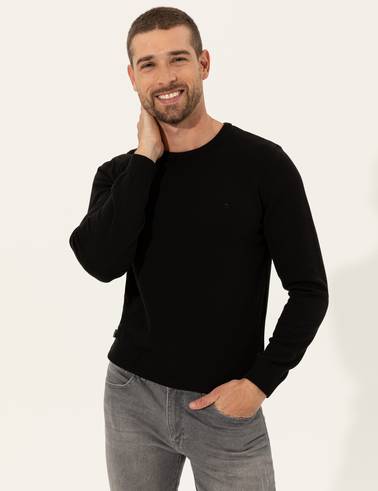 Siyah Slim Fit Bisiklet Yaka Basic Triko Kazak
