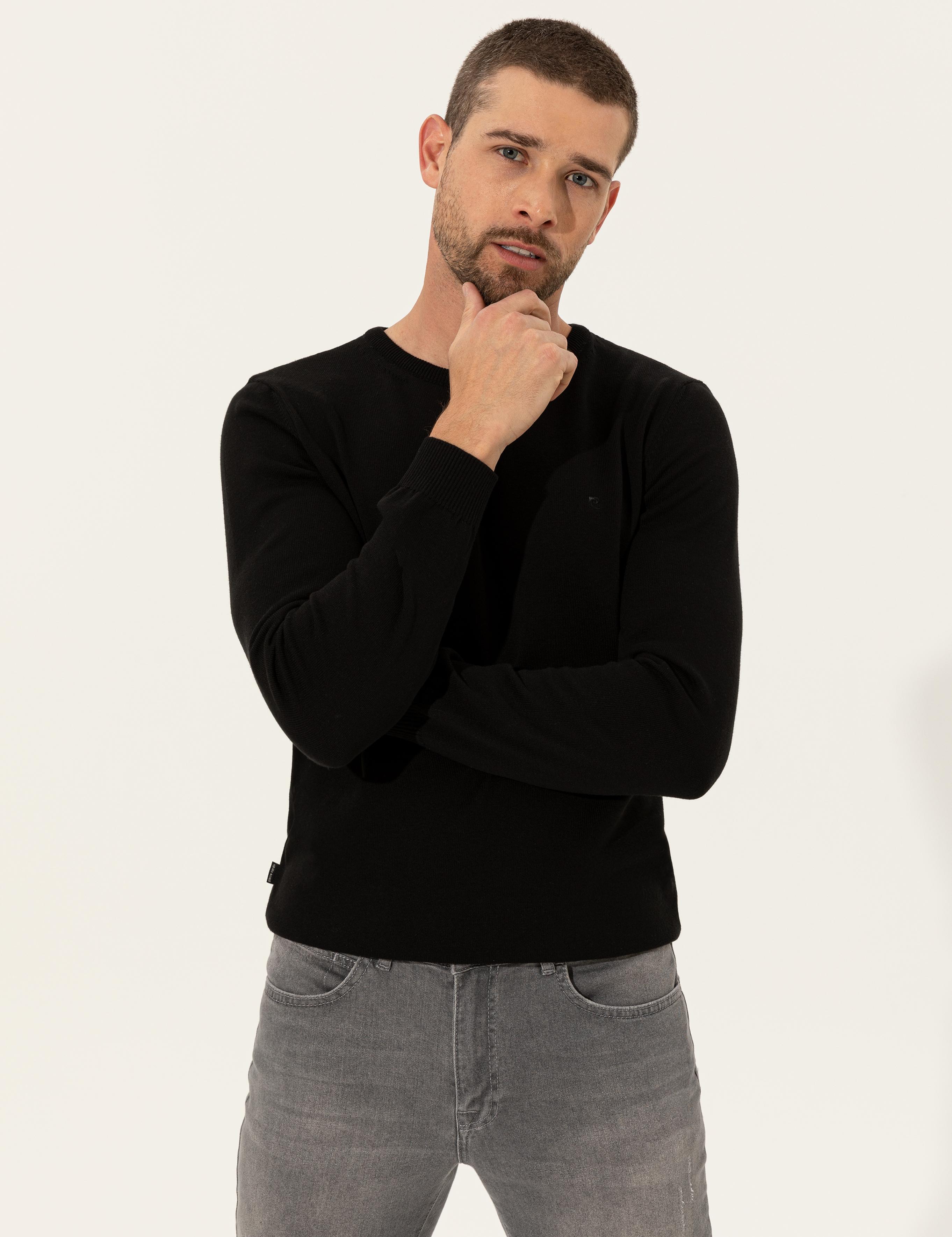 Siyah Slim Fit Bisiklet Yaka Basic Triko Kazak