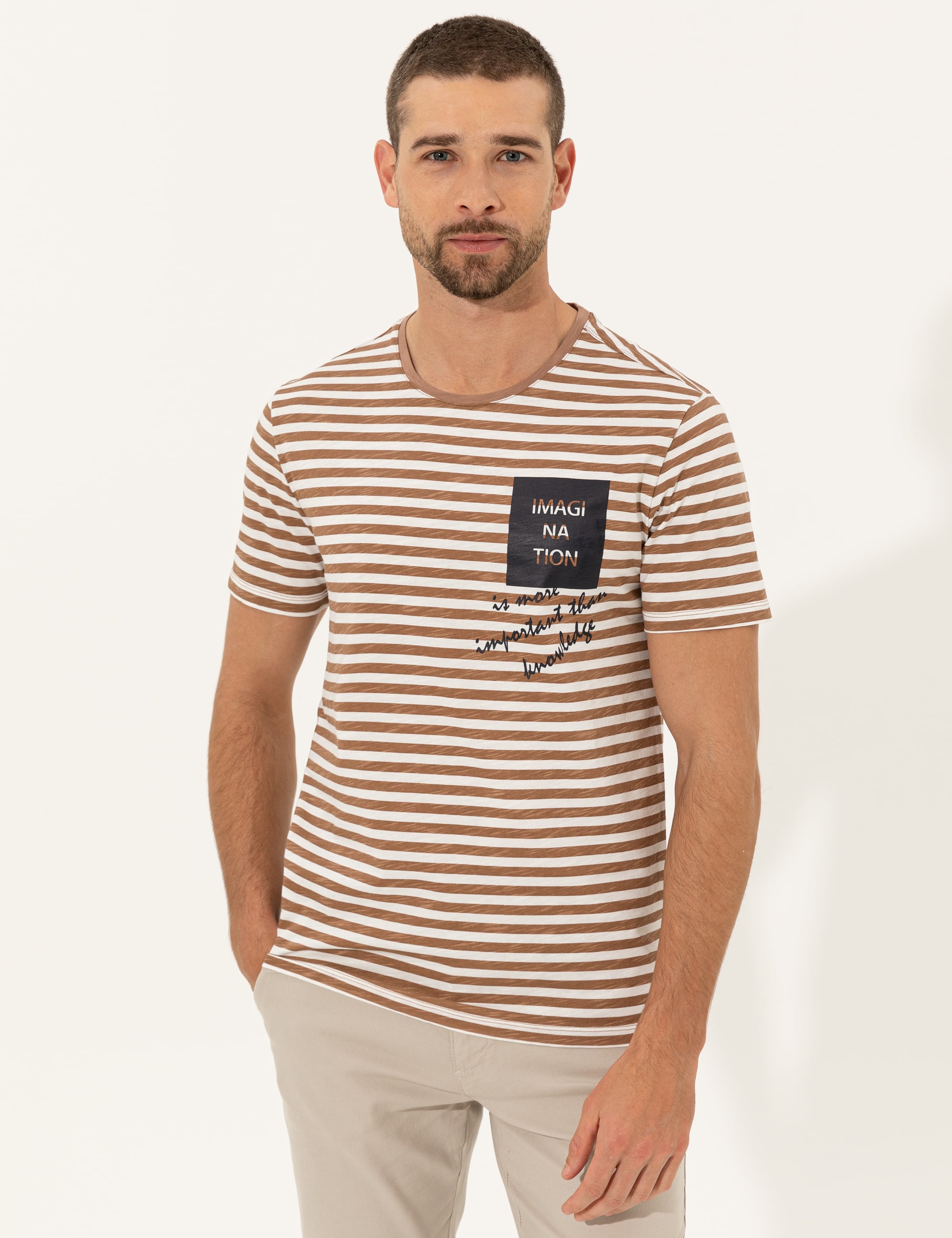 Bej Slim Fit Bisiklet Yaka Tişört - Image 2