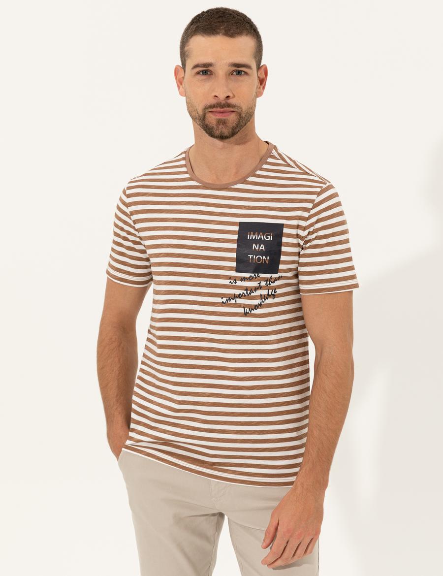 Bej Slim Fit Bisiklet Yaka Tişört