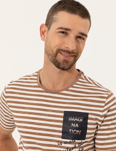 Bej Slim Fit Bisiklet Yaka Tişört