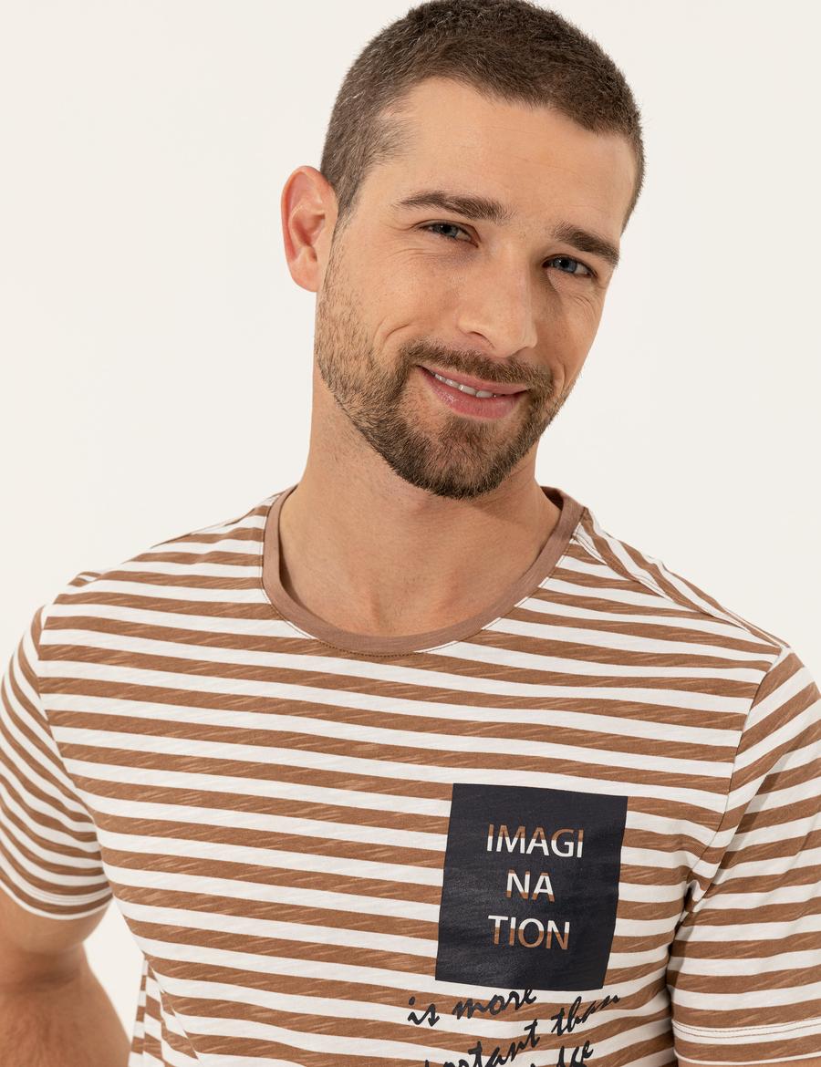 Bej Slim Fit Bisiklet Yaka Tişört