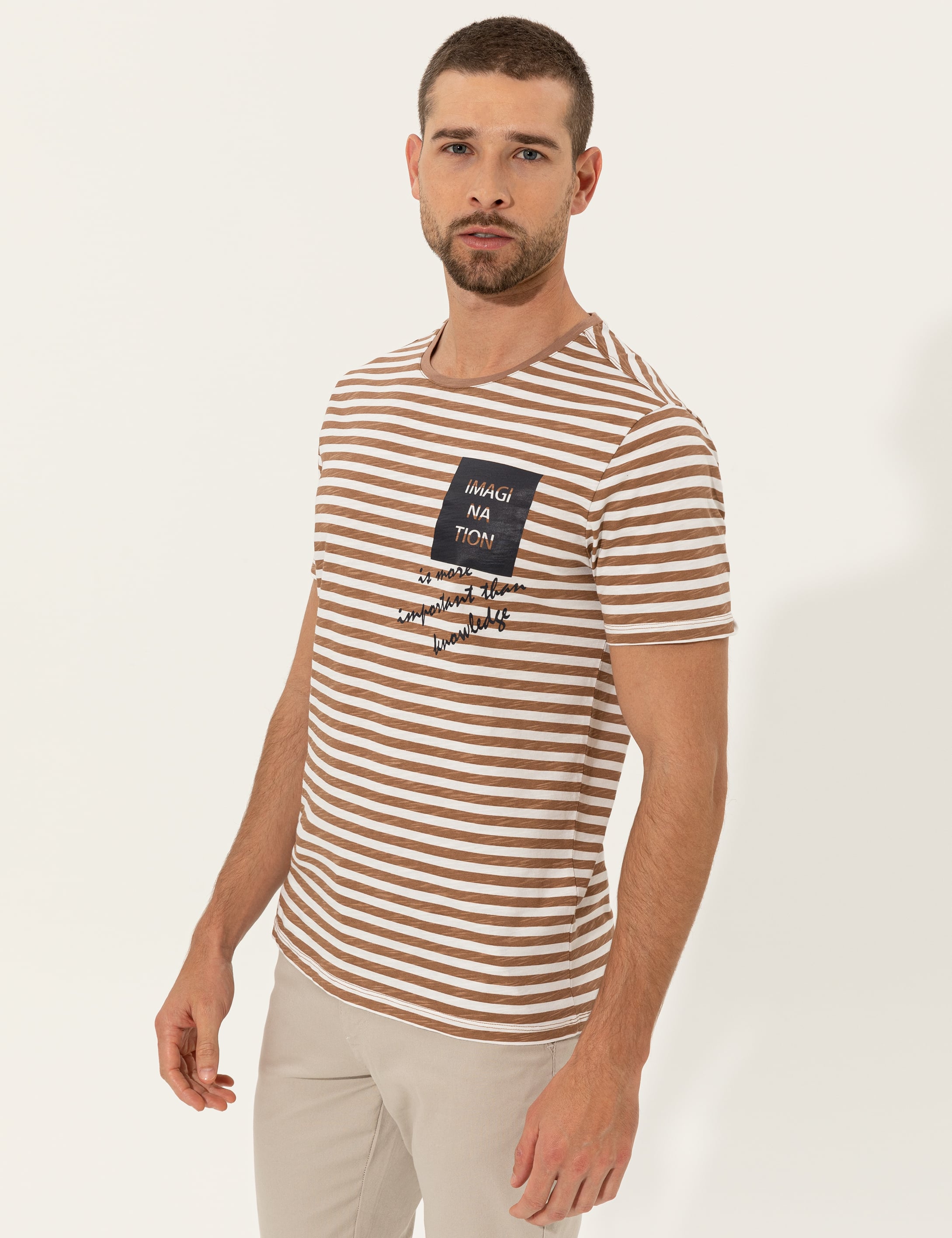 Bej Slim Fit Bisiklet Yaka Tişört - Image 3