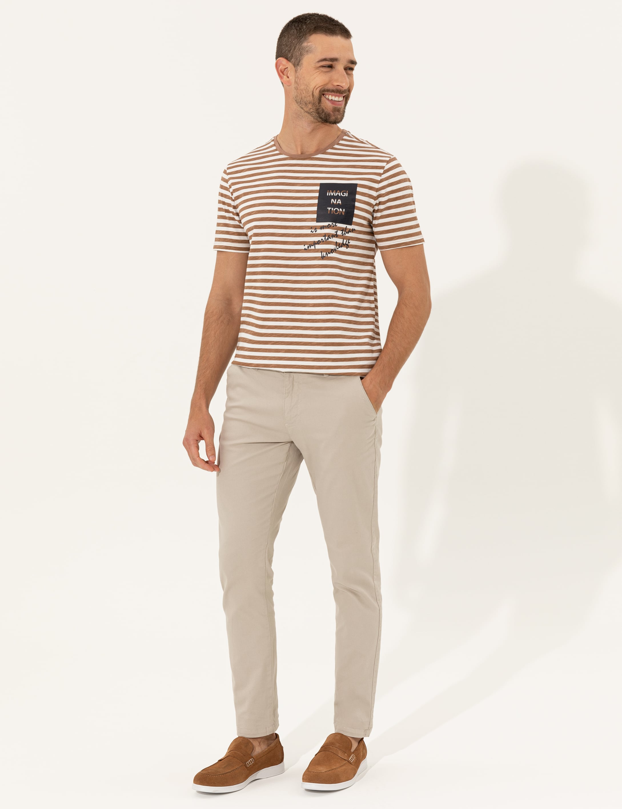 Bej Slim Fit Bisiklet Yaka Tişört - Image 4