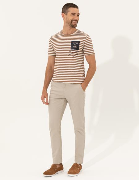 Bej Slim Fit Bisiklet Yaka Tişört - 50249713017