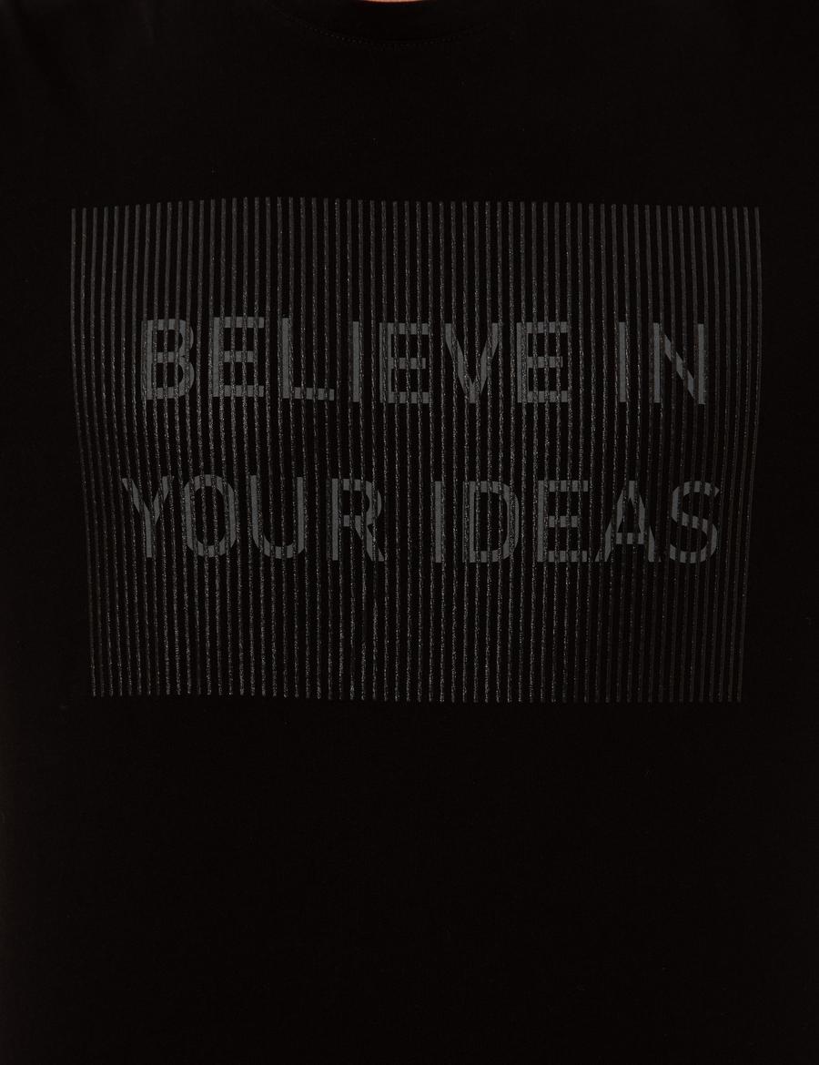 Siyah Slim Fit Baskılı Bisiklet Yaka Tişört