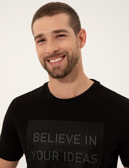 Siyah Slim Fit Baskılı Bisiklet Yaka Tişört - 50249350006