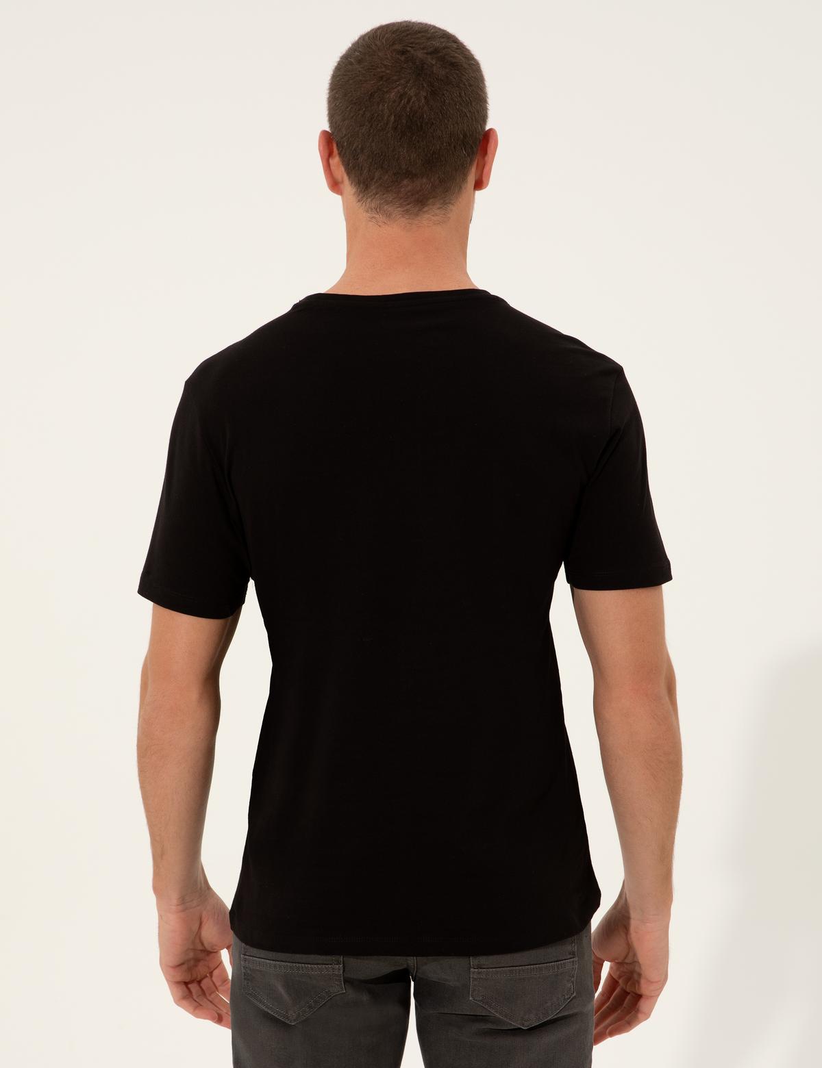 Siyah Slim Fit Baskılı Bisiklet Yaka Tişört - 50249350006