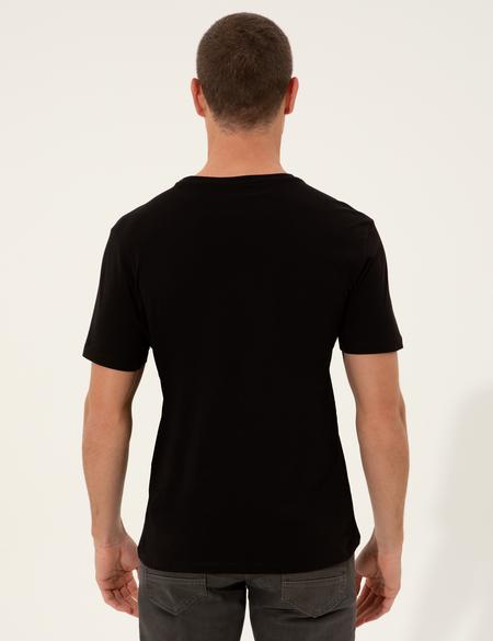 Siyah Slim Fit Baskılı Bisiklet Yaka Tişört - 50249350006