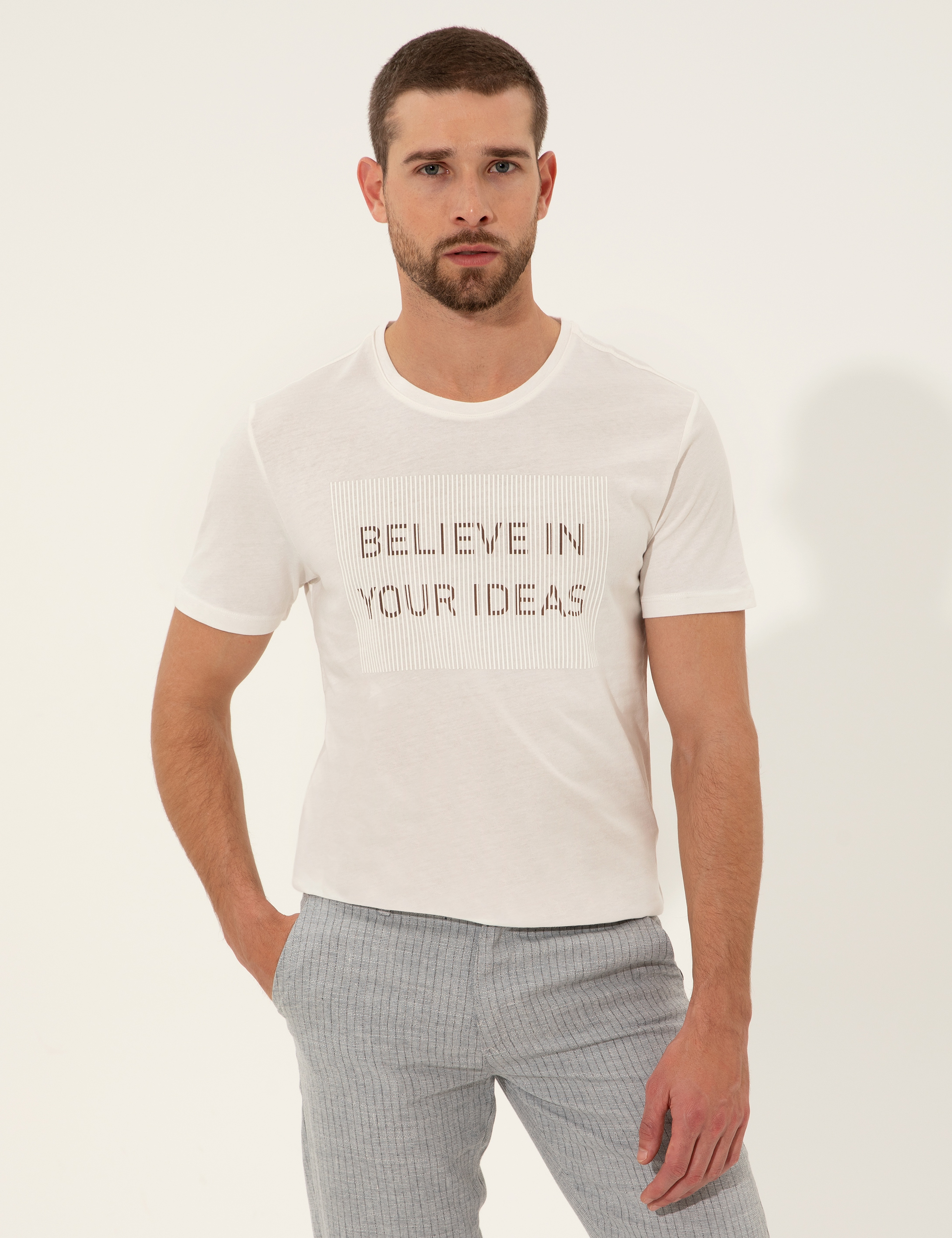 Ekru Slim Fit Bisiklet Yaka Tişört - Image 3