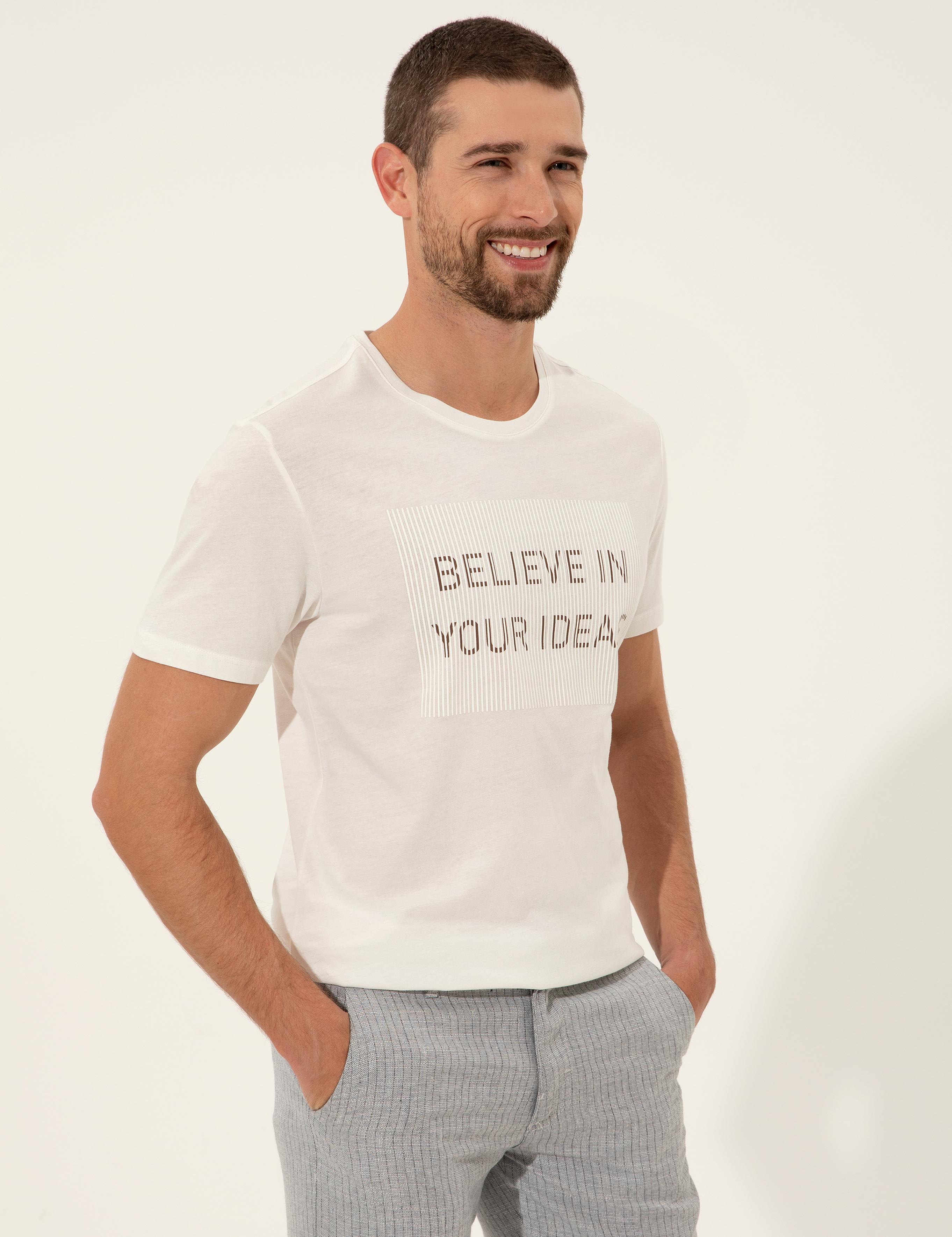 Ekru Slim Fit Bisiklet Yaka Tişört