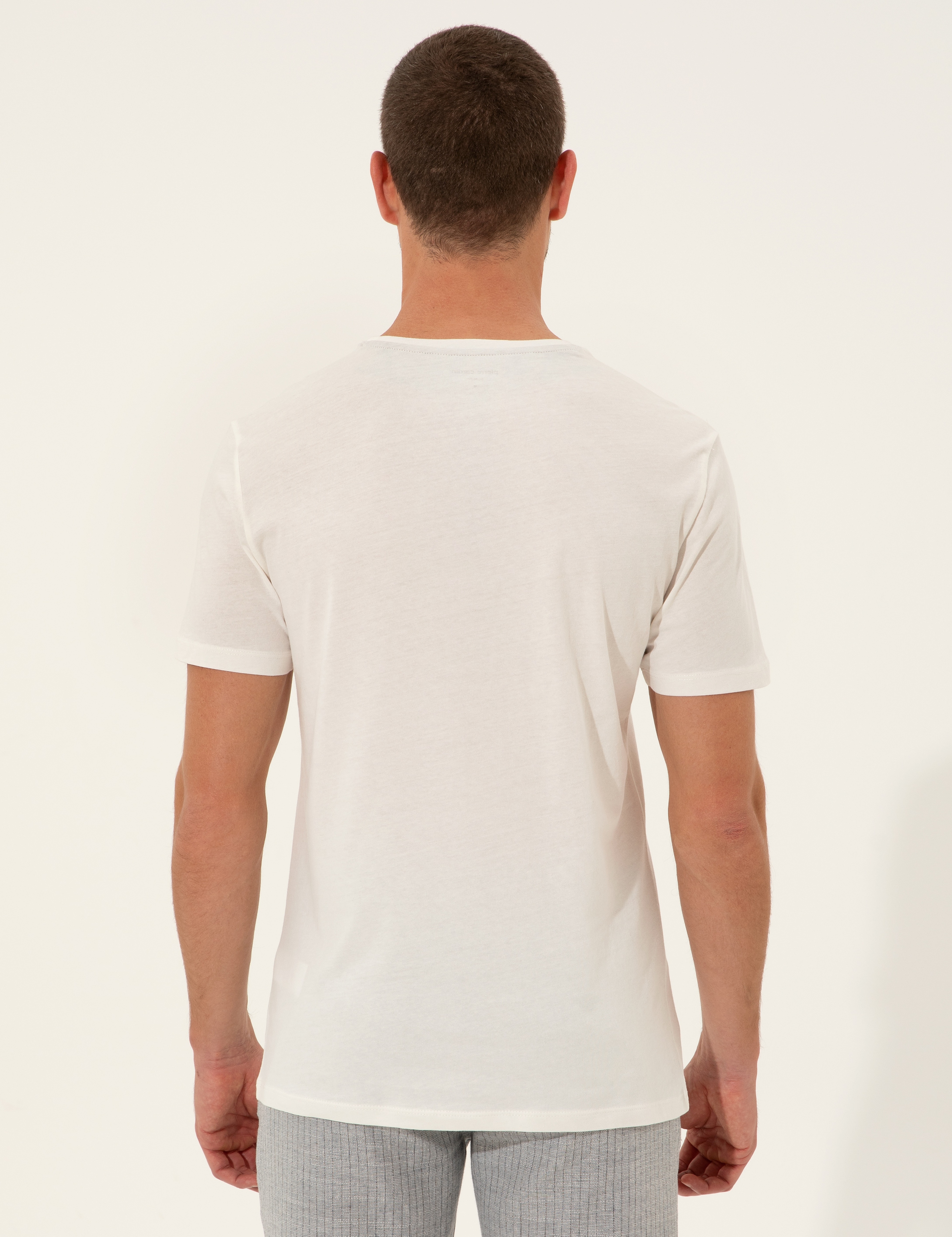Ekru Slim Fit Bisiklet Yaka Tişört - Image 5