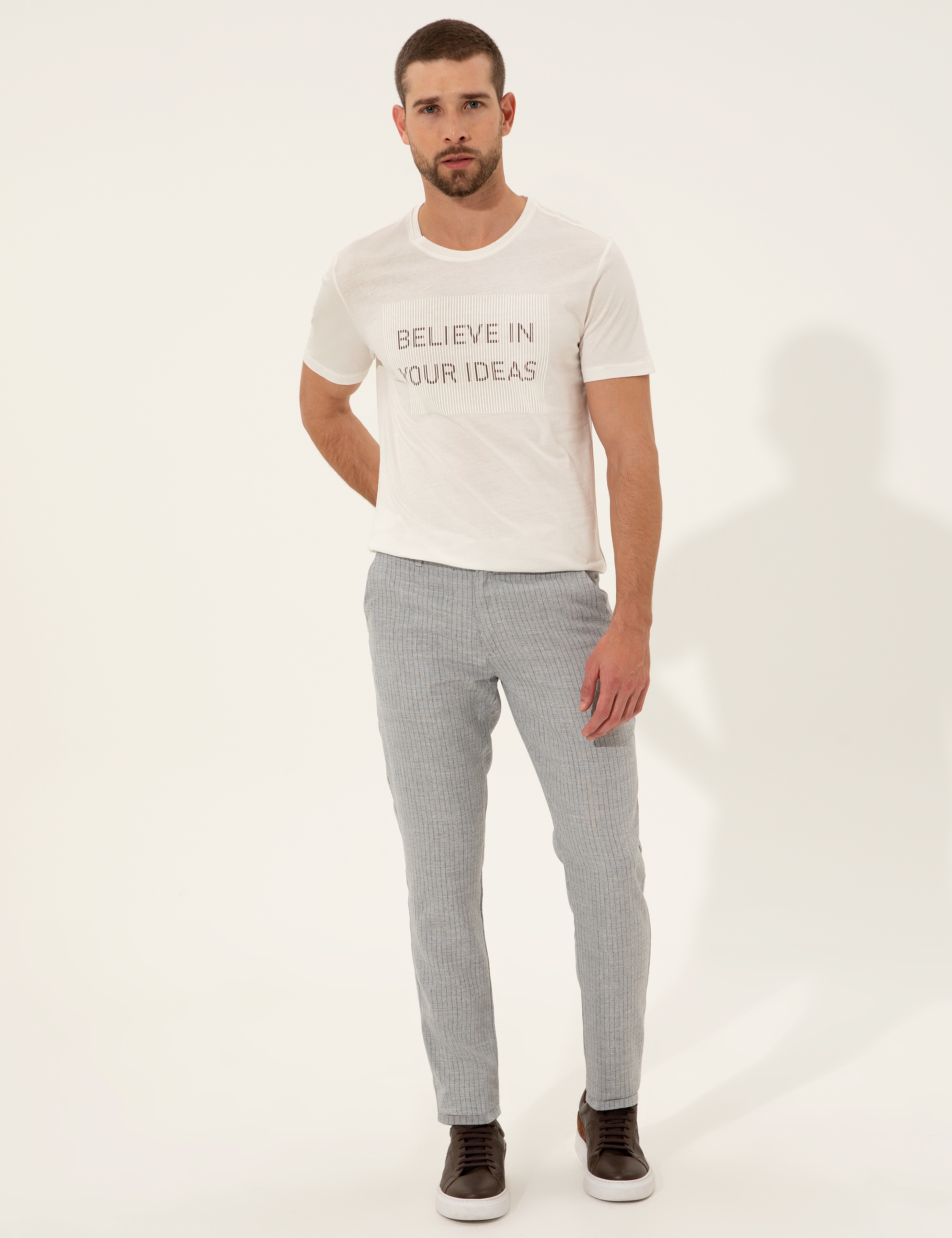 Ekru Slim Fit Bisiklet Yaka Tişört - Image 4