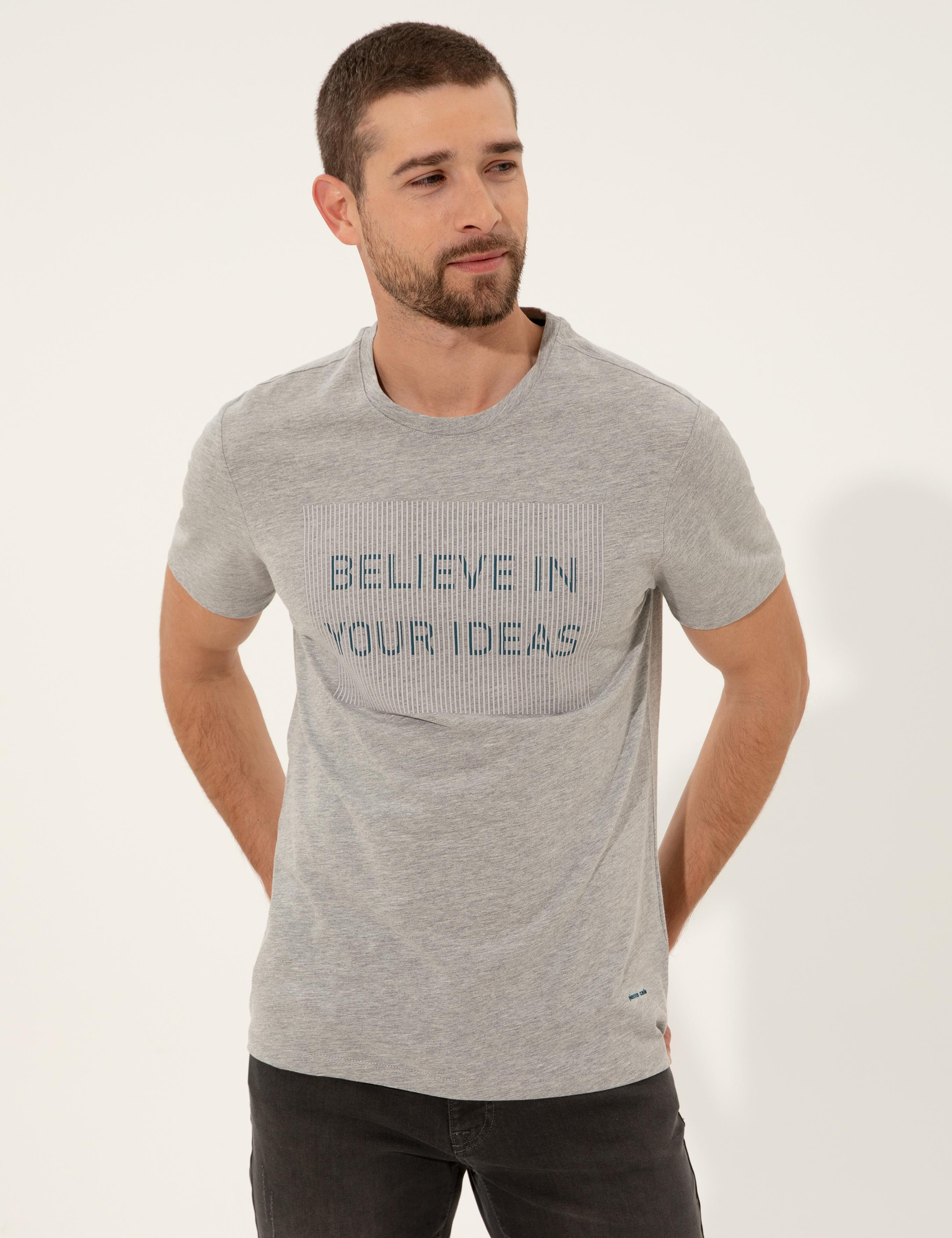 Gri Melanj Slim Fit Baskılı Bisiklet Yaka Tişört