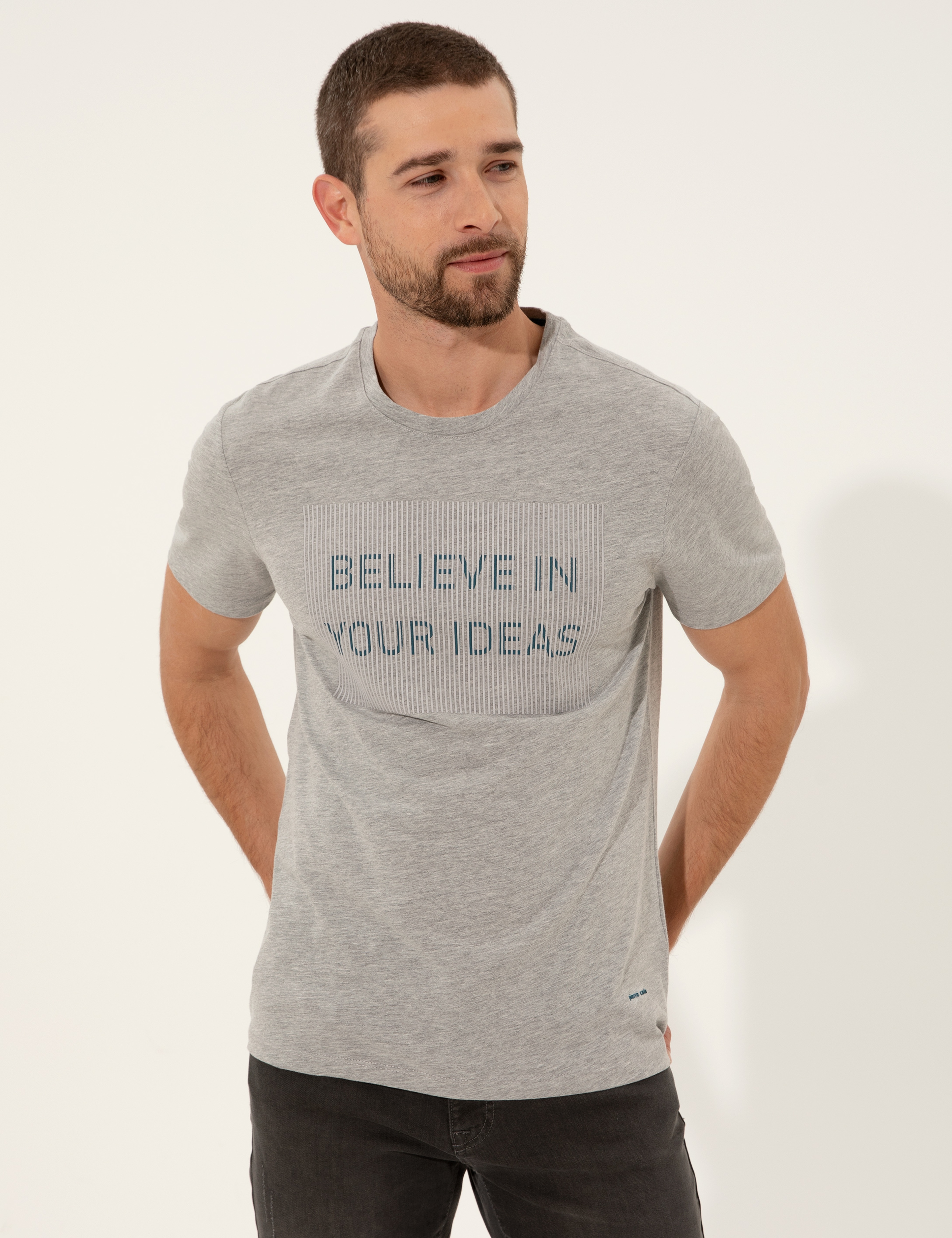 Gri Melanj Slim Fit Baskılı Bisiklet Yaka Tişört