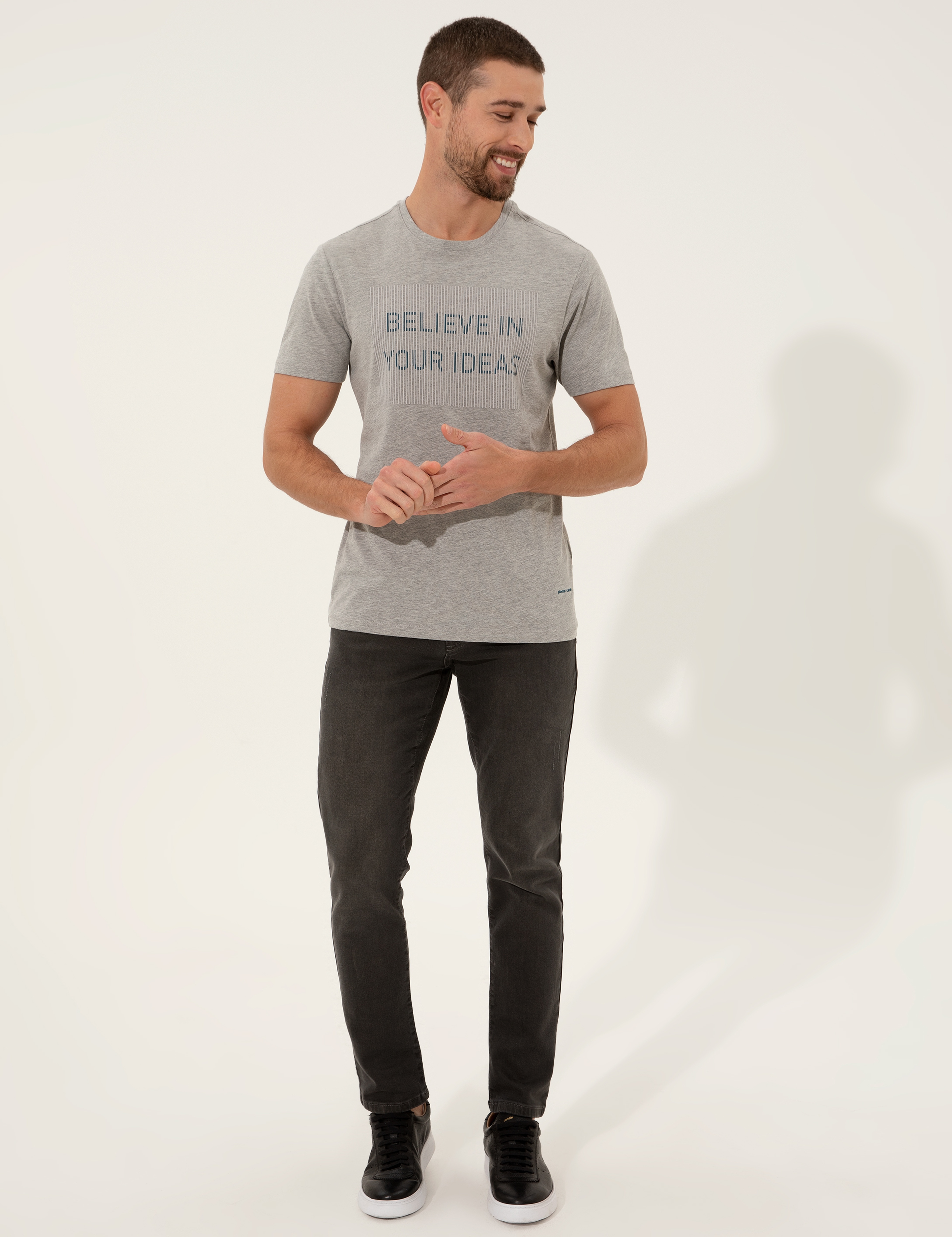 Gri Melanj Slim Fit Baskılı Bisiklet Yaka Tişört - Image 4