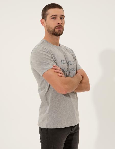 Gri Melanj Slim Fit Baskılı Bisiklet Yaka Tişört - 50249350025