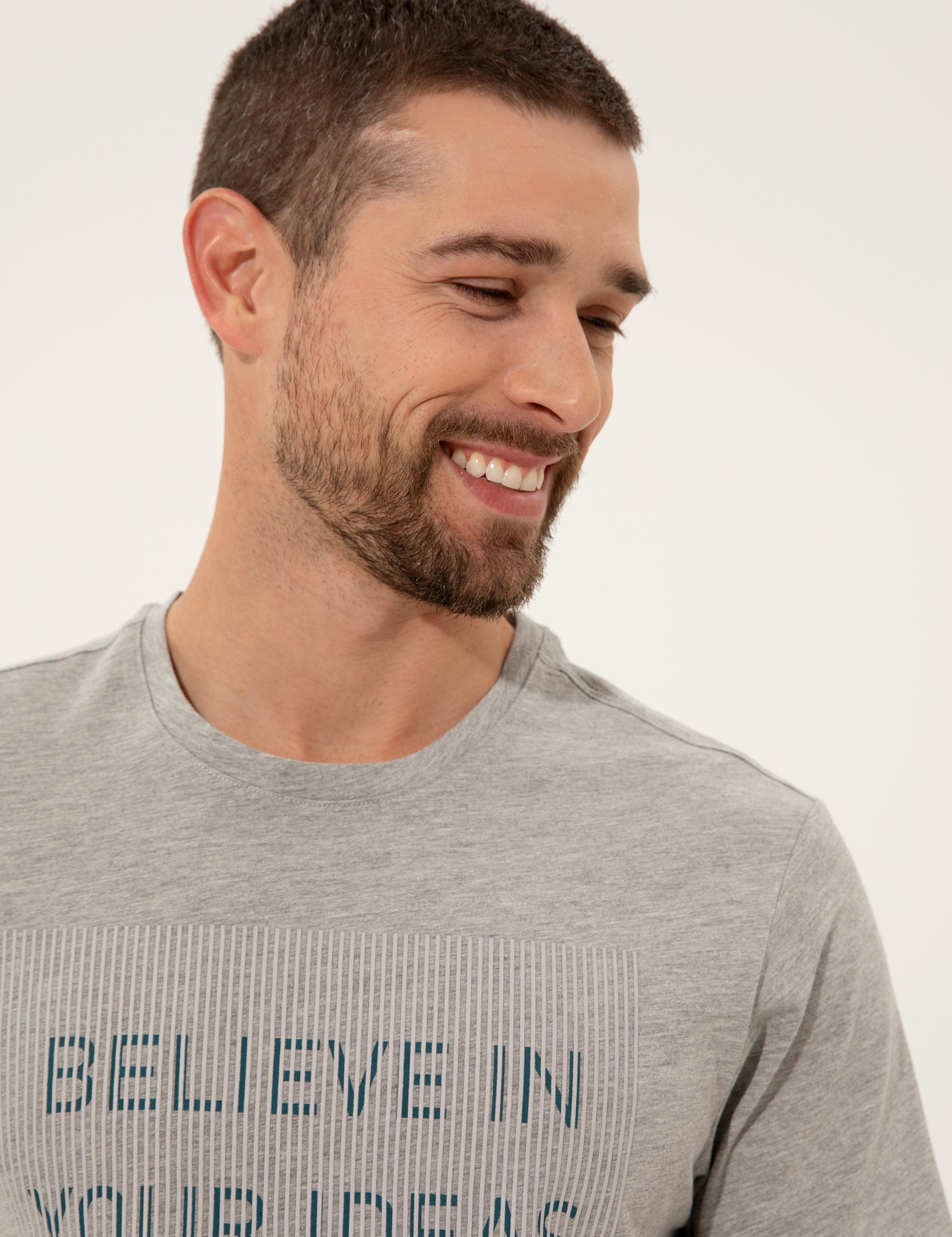 Gri Melanj Slim Fit Baskılı Bisiklet Yaka Tişört